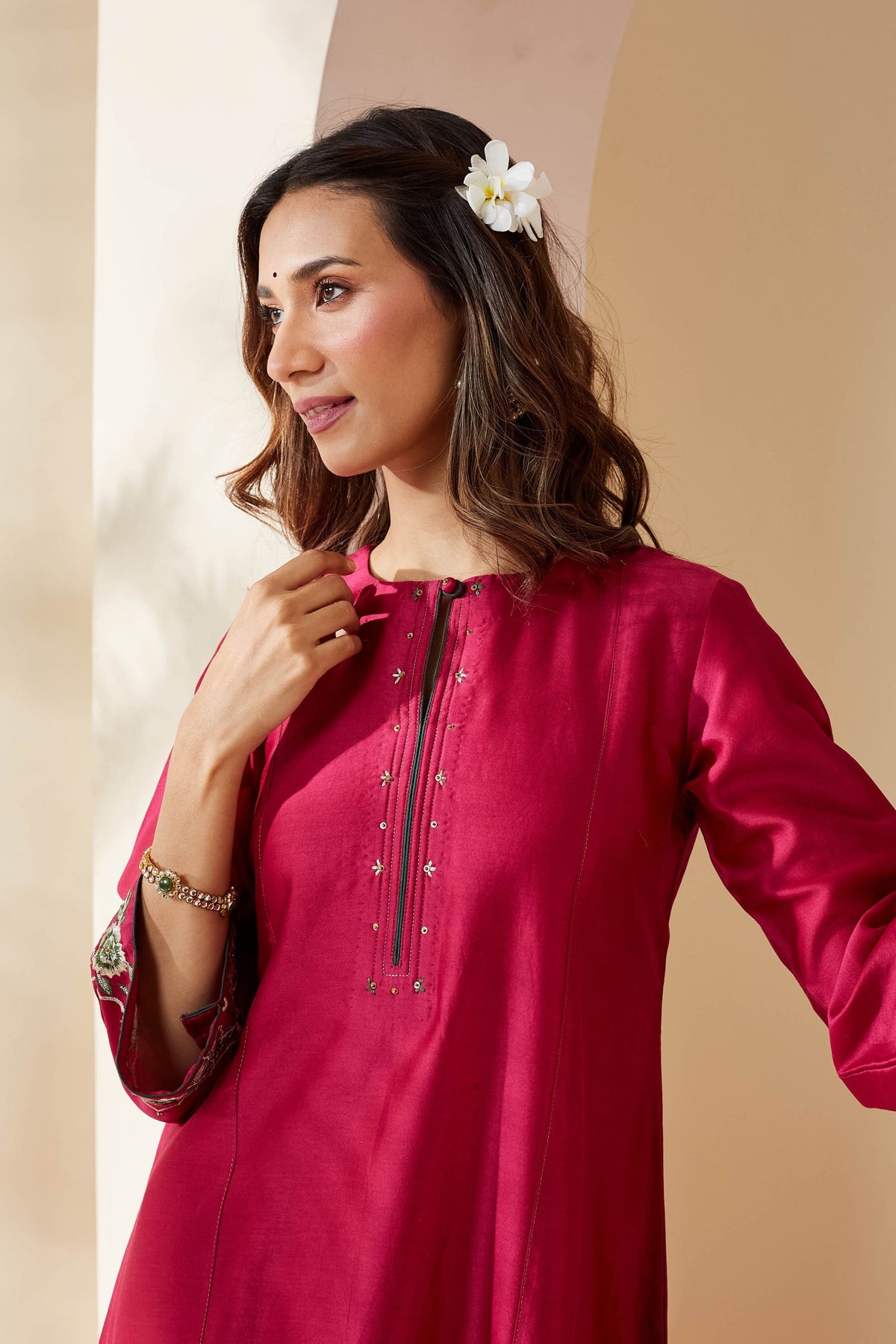 Magenta Floral Chanderi Kurta Set