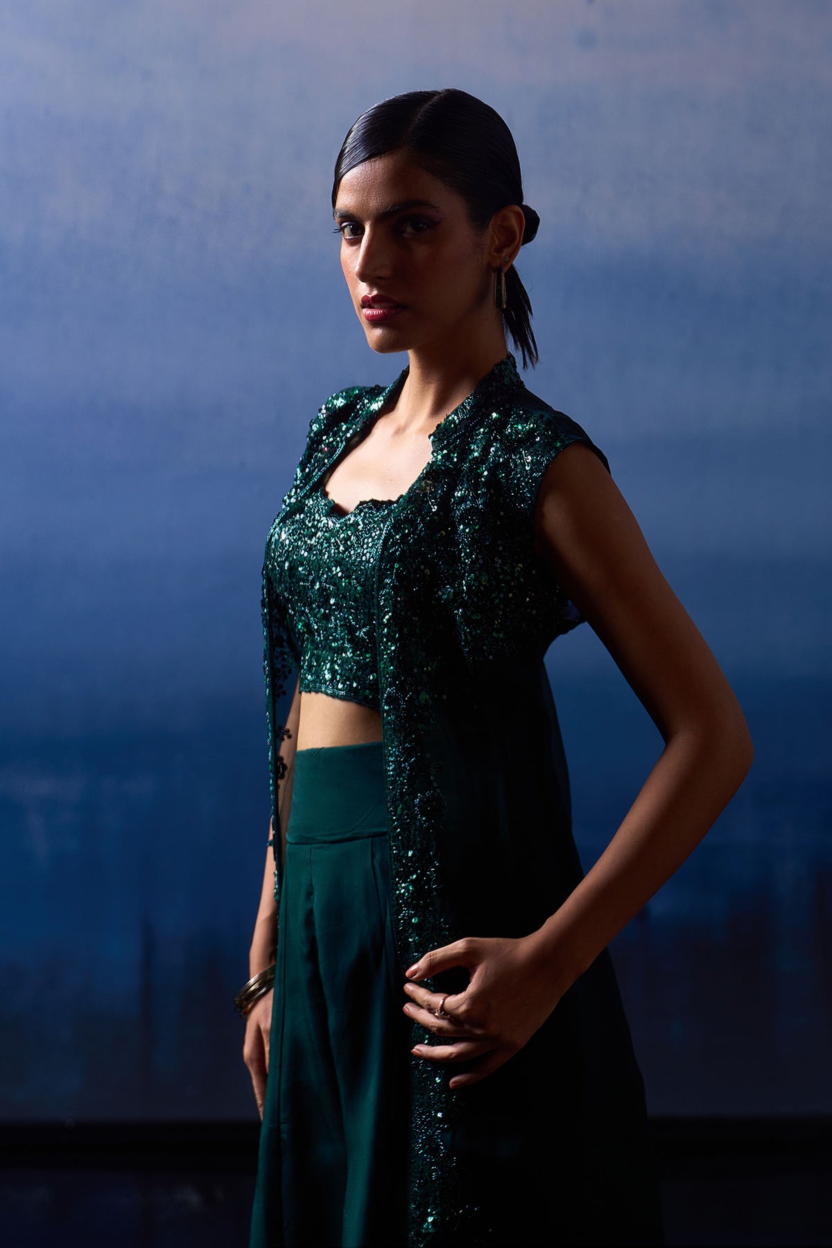 Forest Green Organza Jacket Set