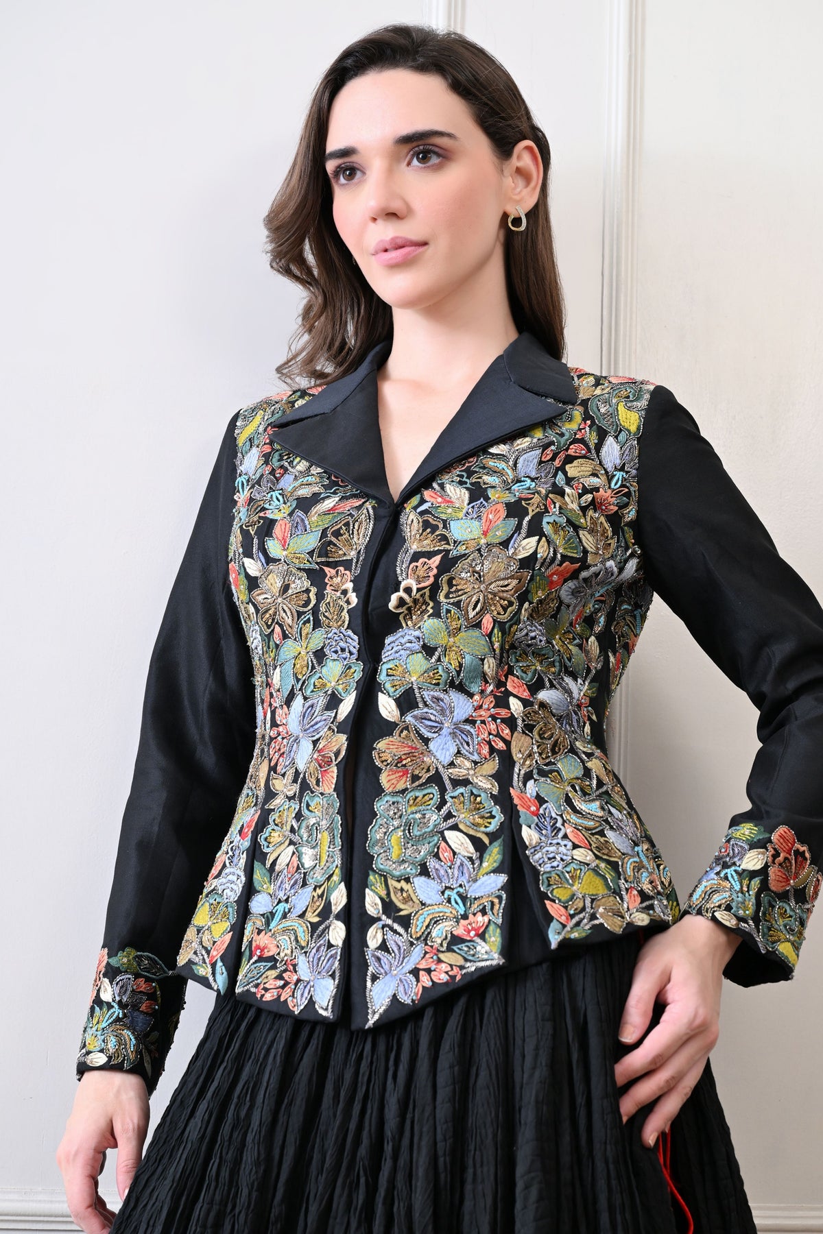 Black Silk Embroidered Jacket Set