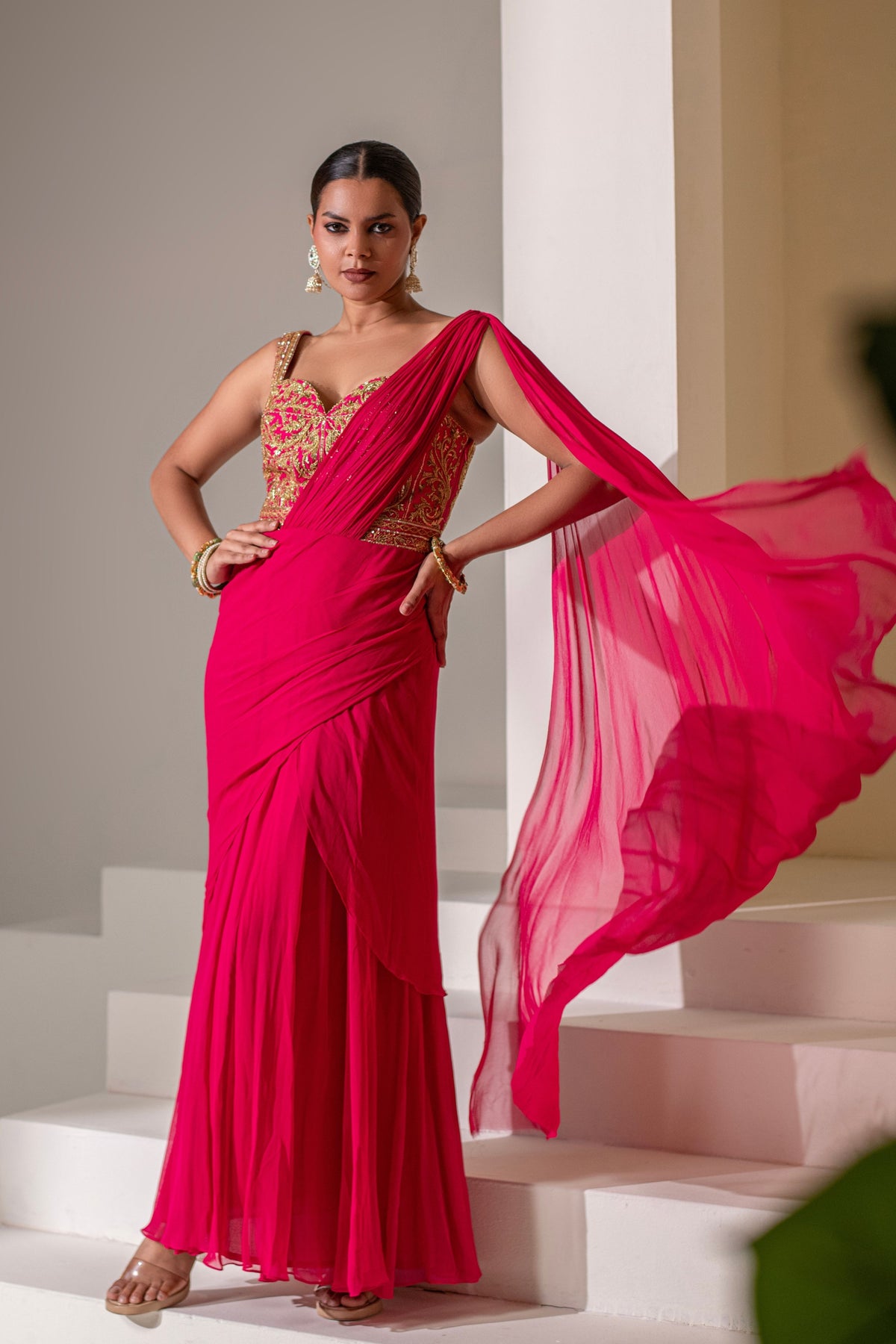 Fuchsia Pink Corset Saree Set