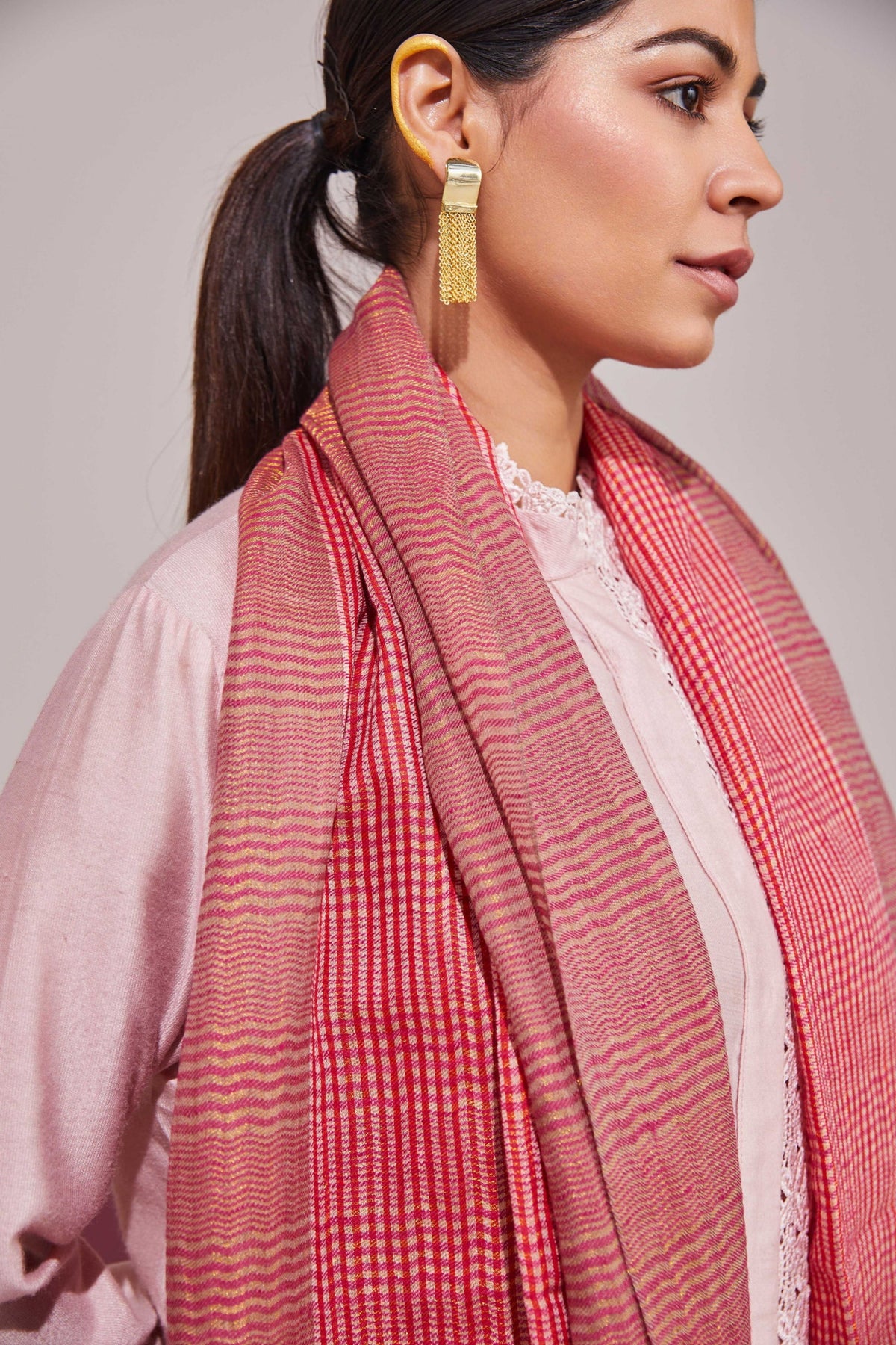 Zari Check Reversible Rani Pink Stole