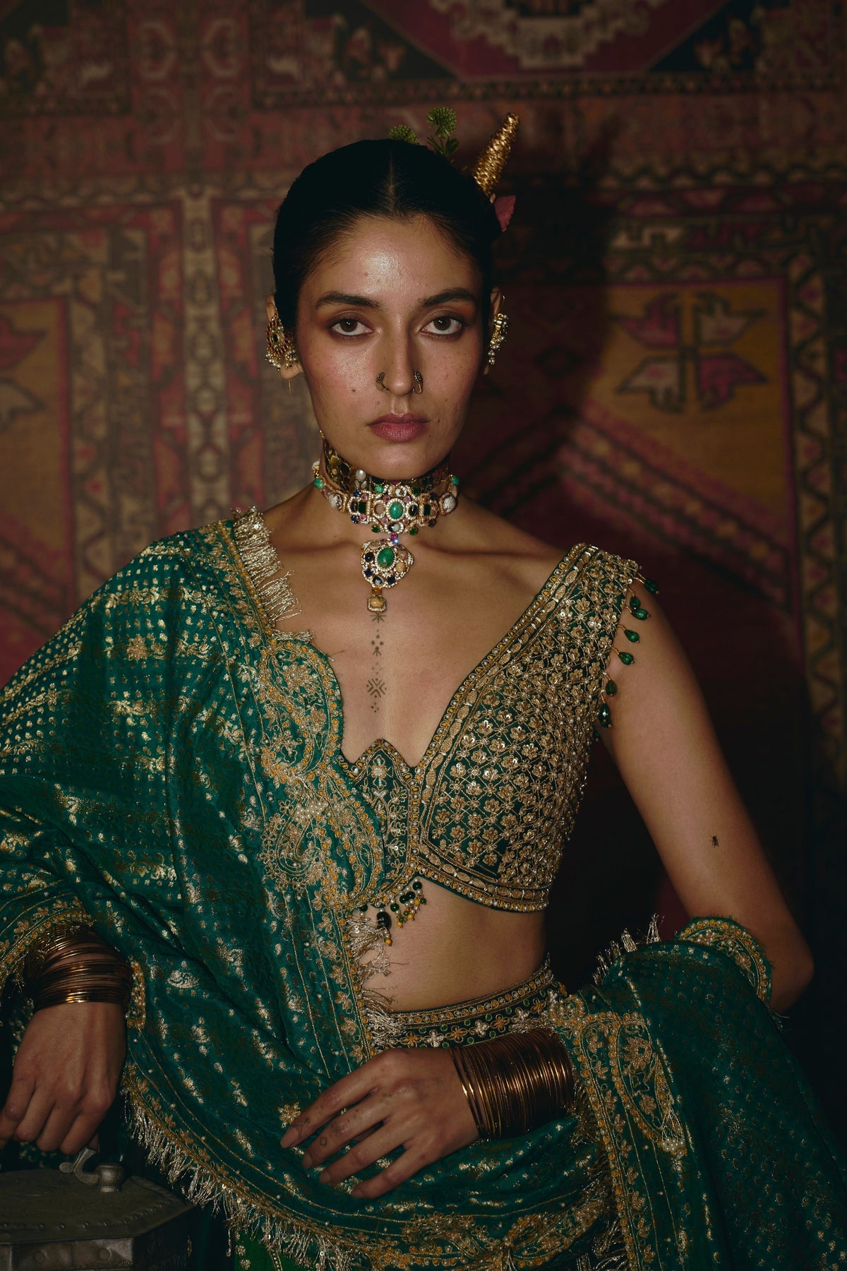 Green Silk Banarsi Lehenga Set