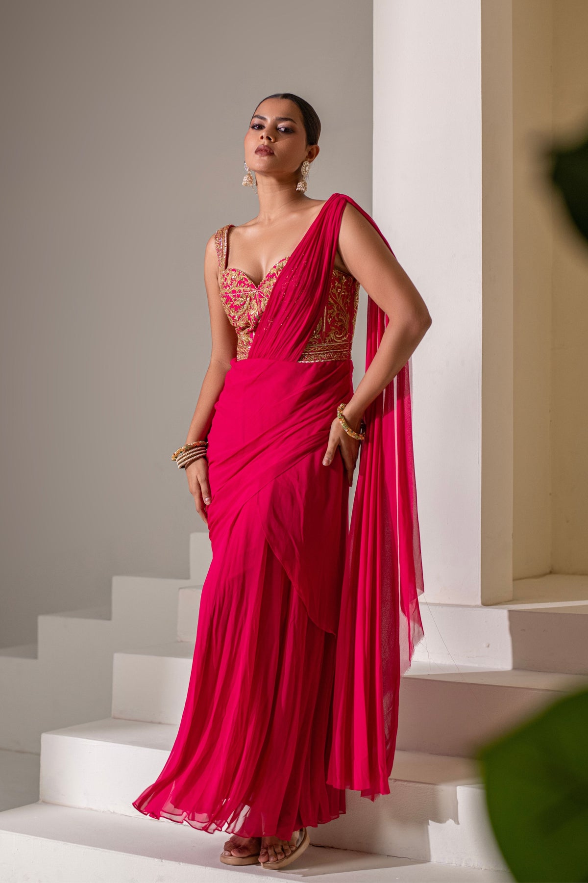 Fuchsia Pink Corset Saree Set