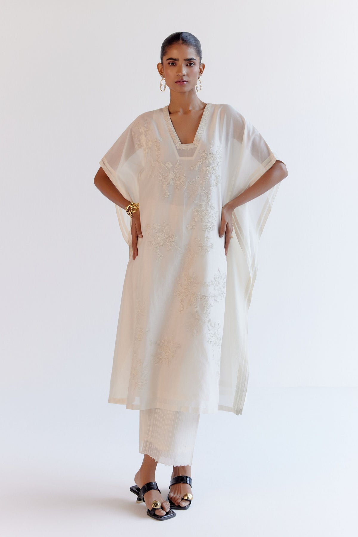 Embroidery Ivory Chanderi Kaftan Set