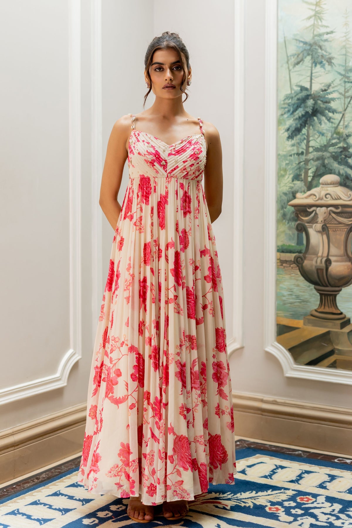Elegant Pink Floral Print Dress