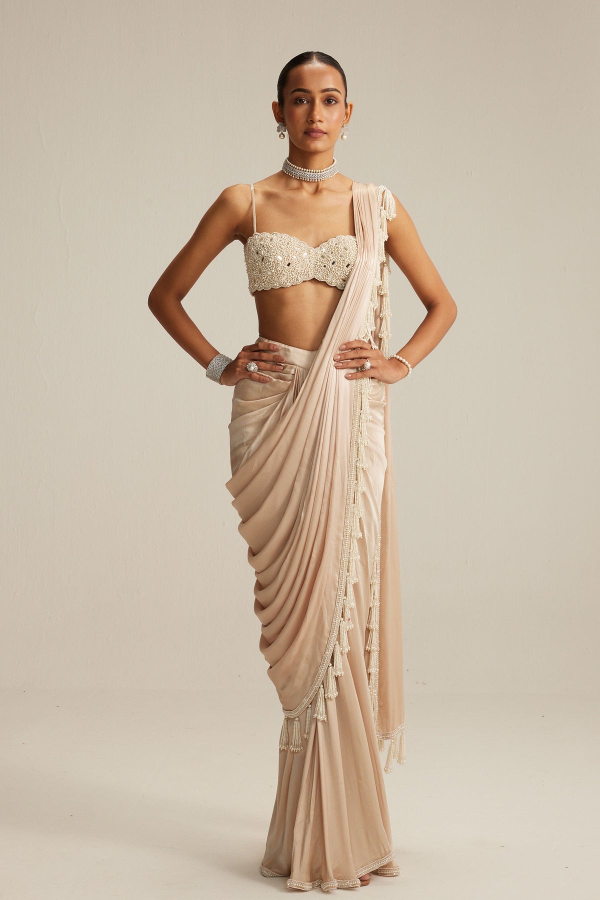 Pearl Satin Draped Saree Set