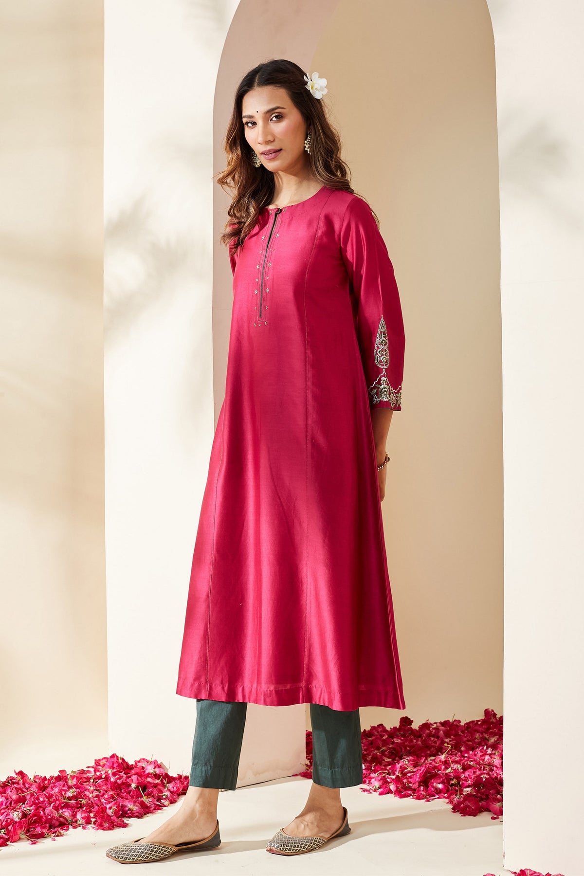 Magenta Floral Chanderi Kurta Set
