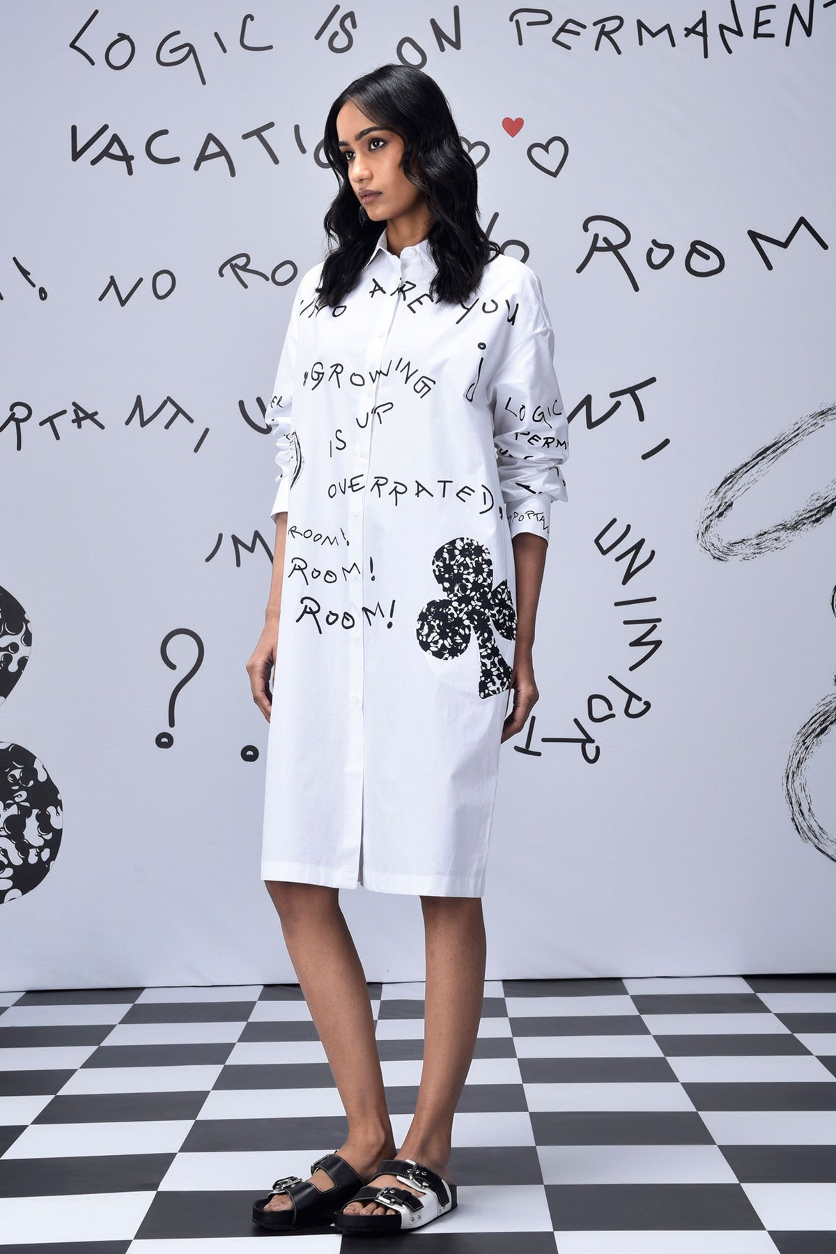 Scribble Text Shirt Dress White