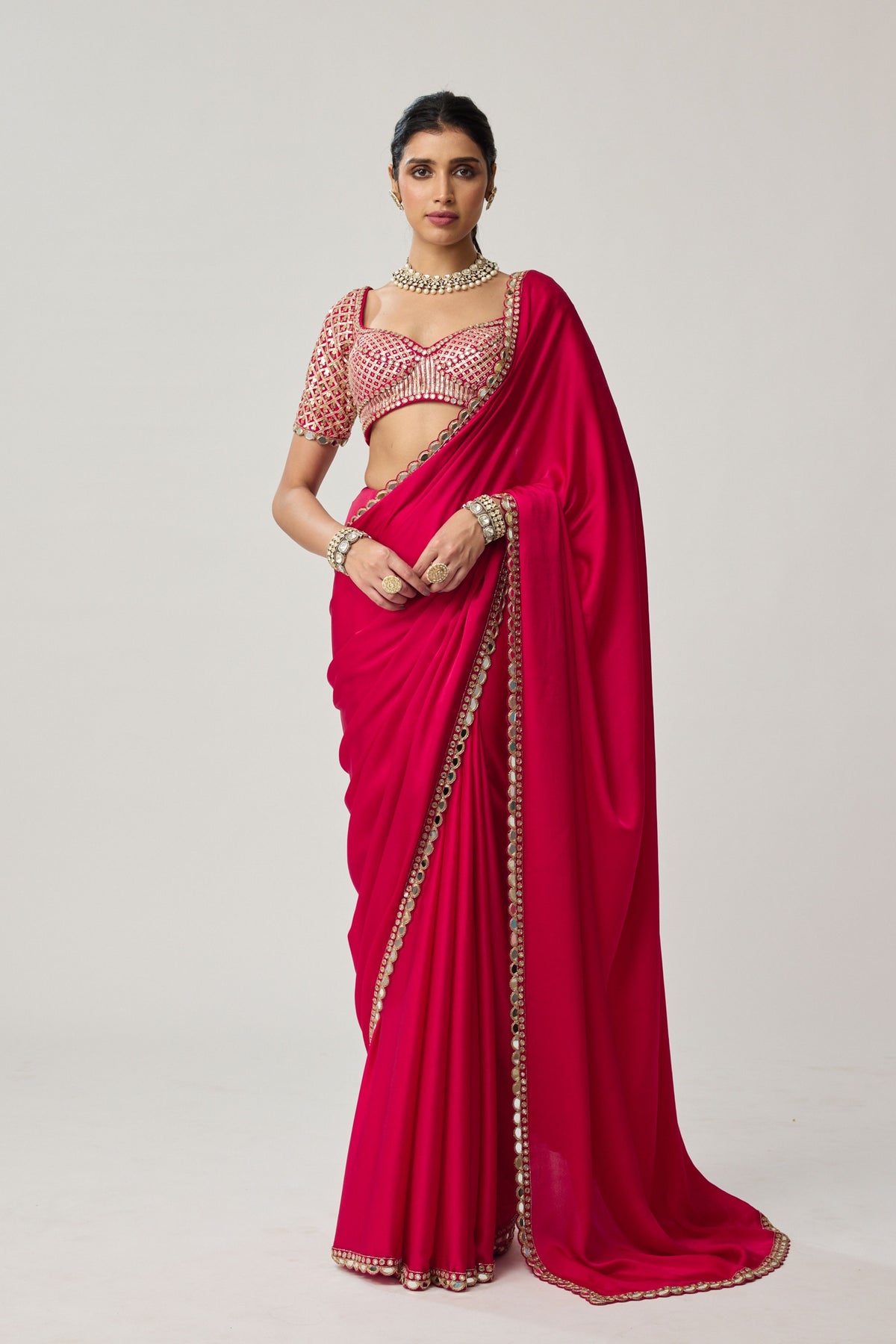 Crimson Red Satin Saree Set