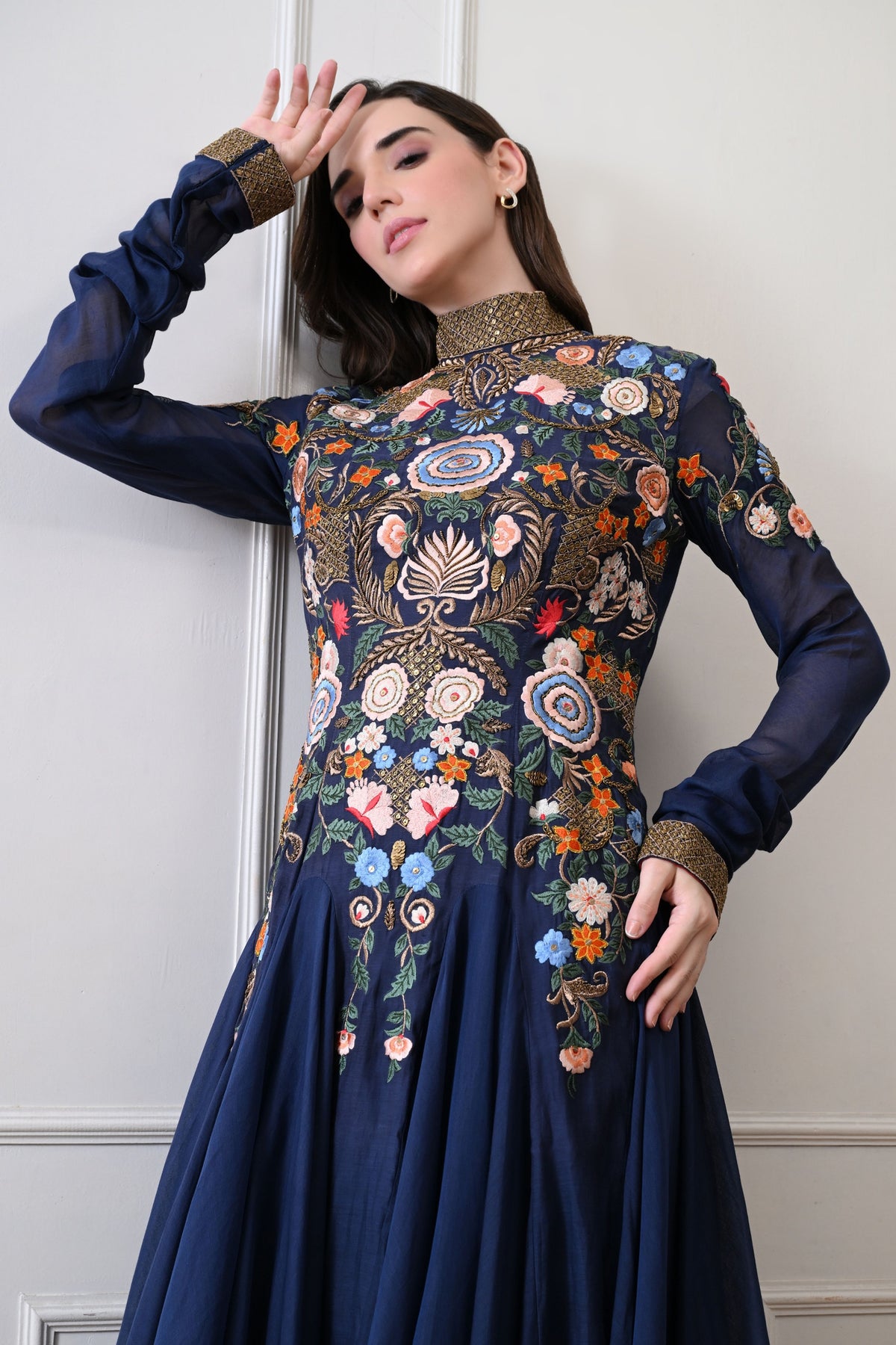 Blue High-neck Embroidered Anarkali