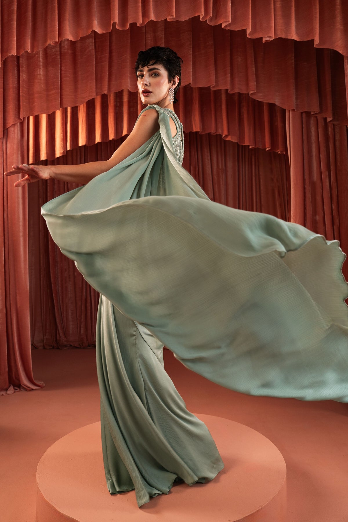Sage Green Draped Saree Set