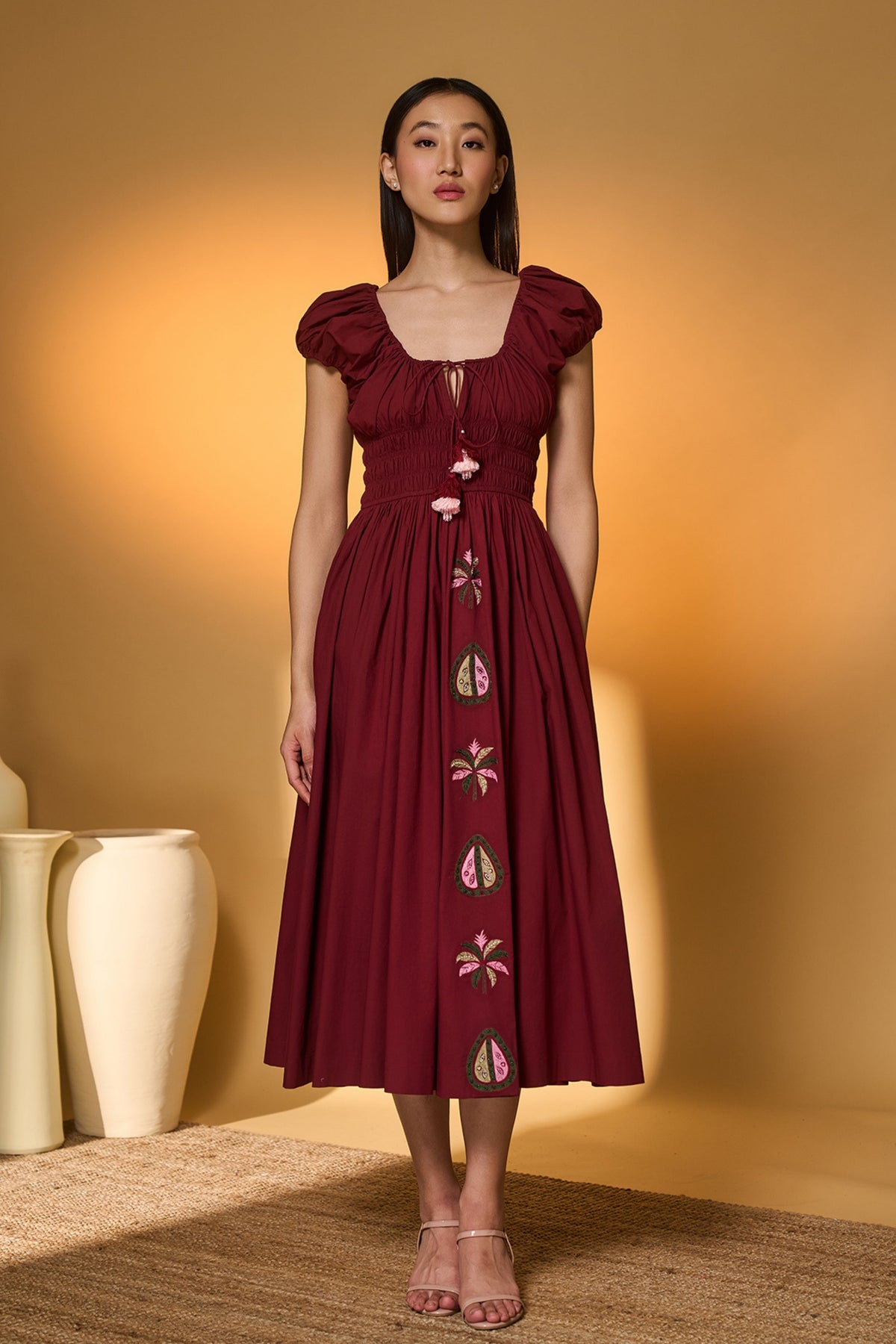 Maroon Smocked Midi Dress