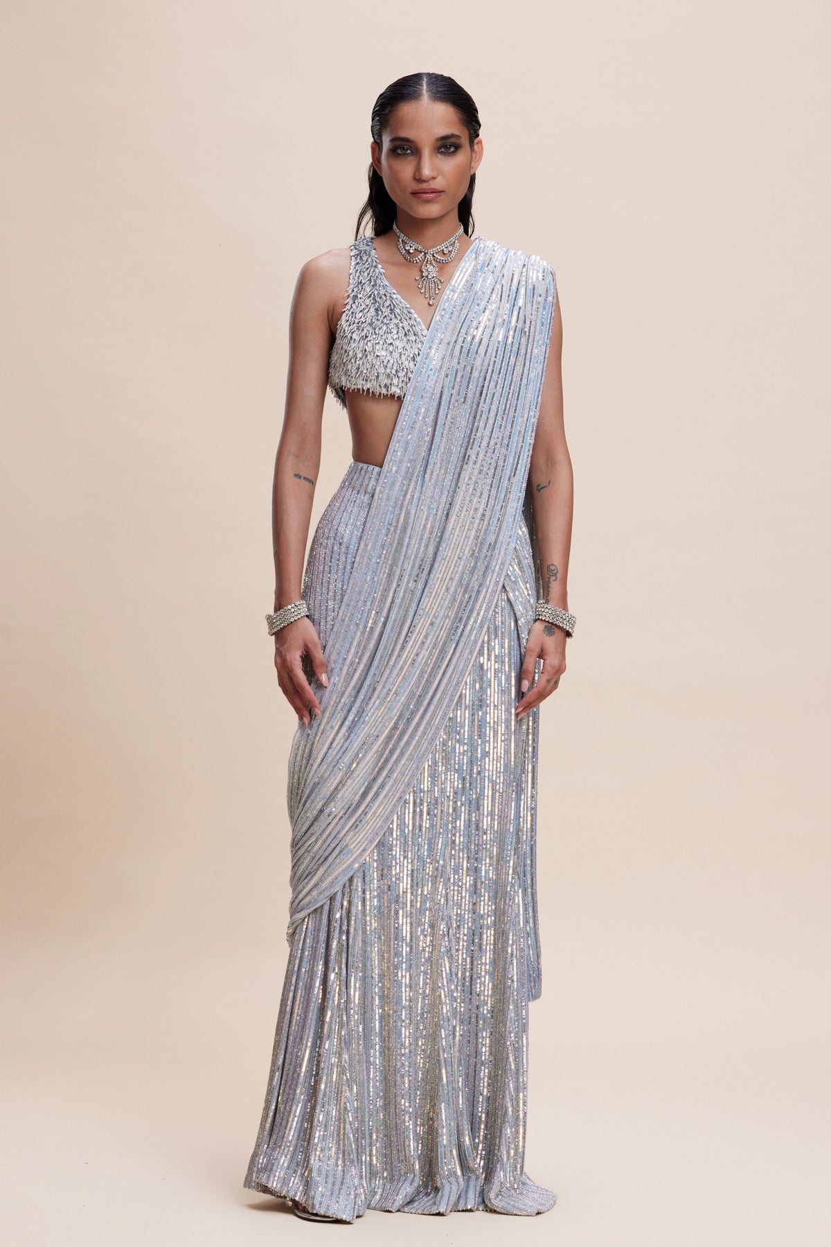 Blue Sequin Drapesd Saree Set