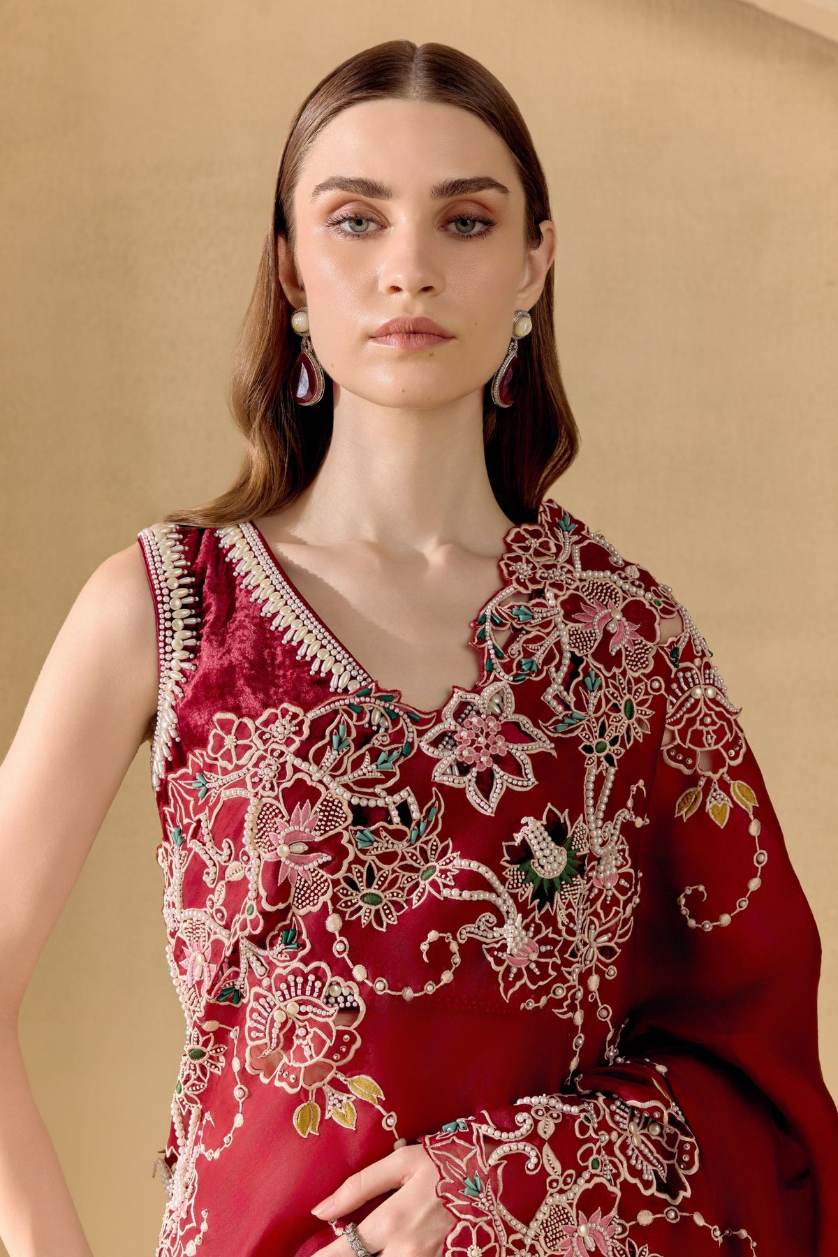 Ruby Contrast Cutwork Saree