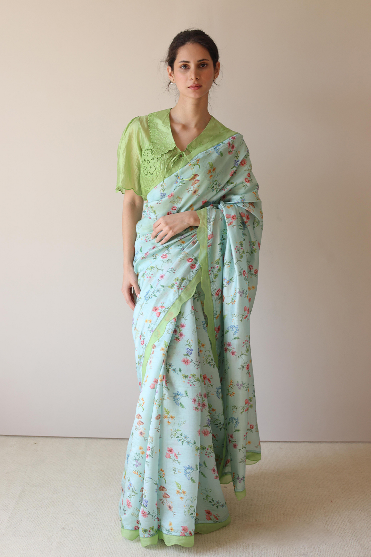 Forest Breeze Blue Scalloped Saree