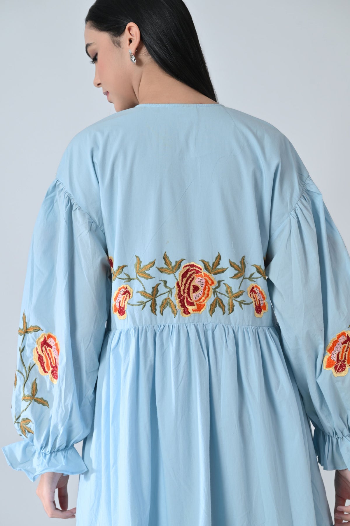 Powder Blue Embroidered Tiered Dress