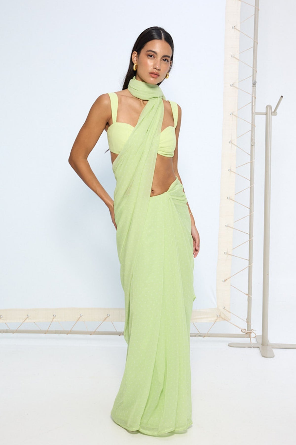 Lime Green Polka Dotted Saree