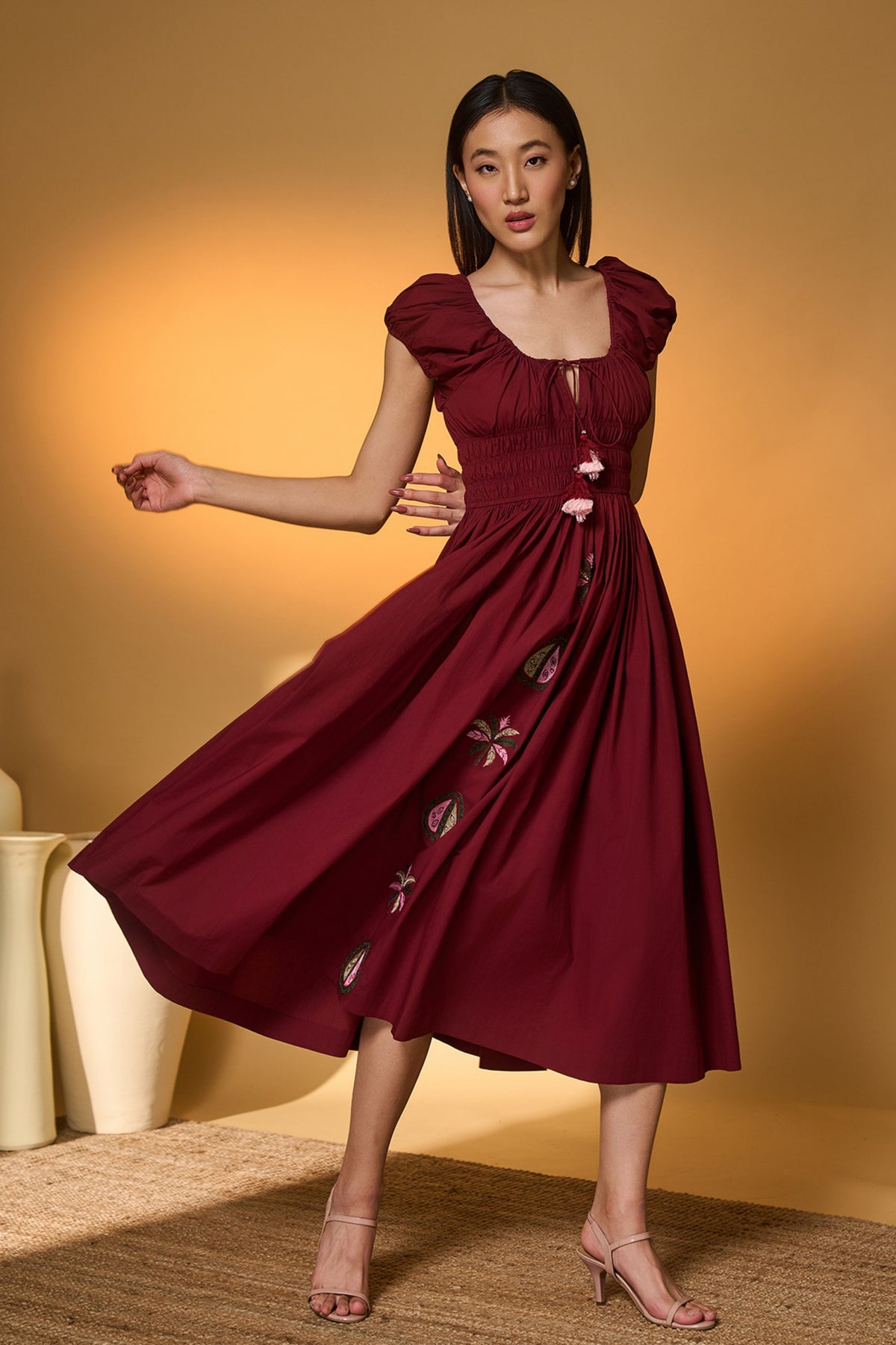 Maroon Smocked Midi Dress