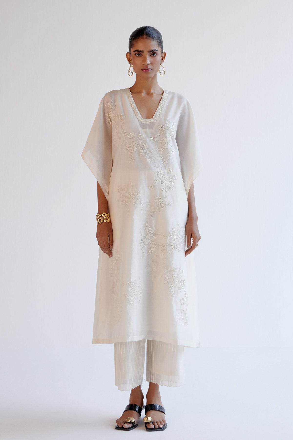 Embroidery Ivory Chanderi Kaftan Set