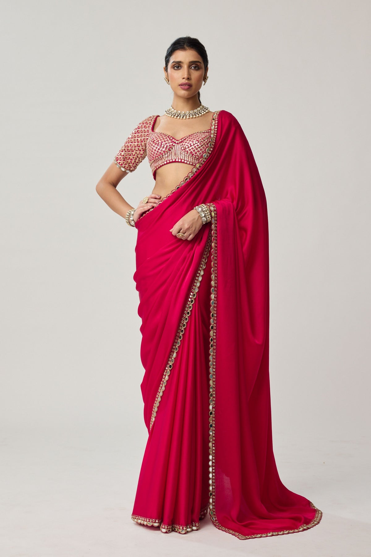 Crimson Red Satin Saree Set