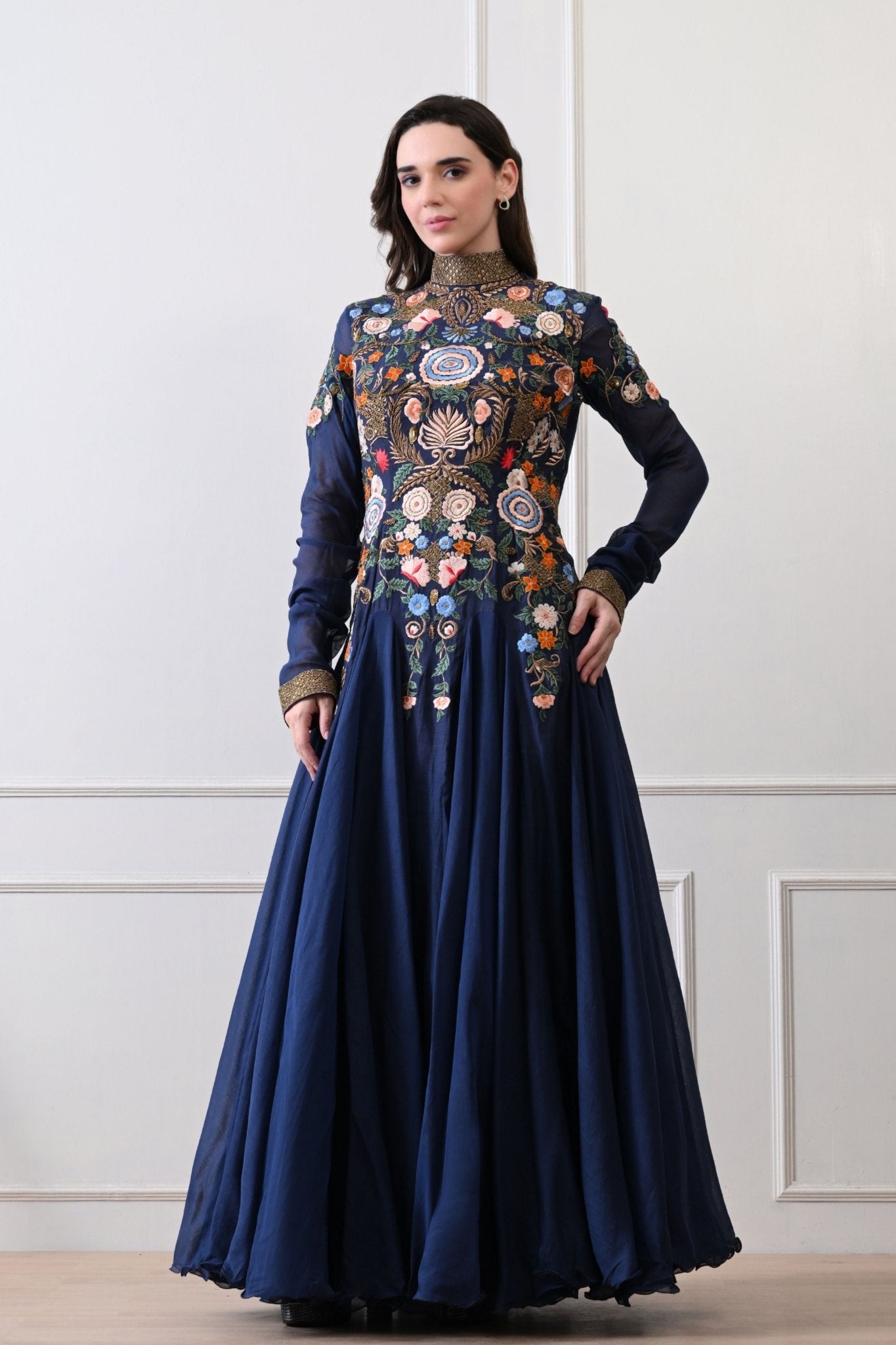 Blue High - neck Embroidered Anarkali - Samant Chauhan - Elahe