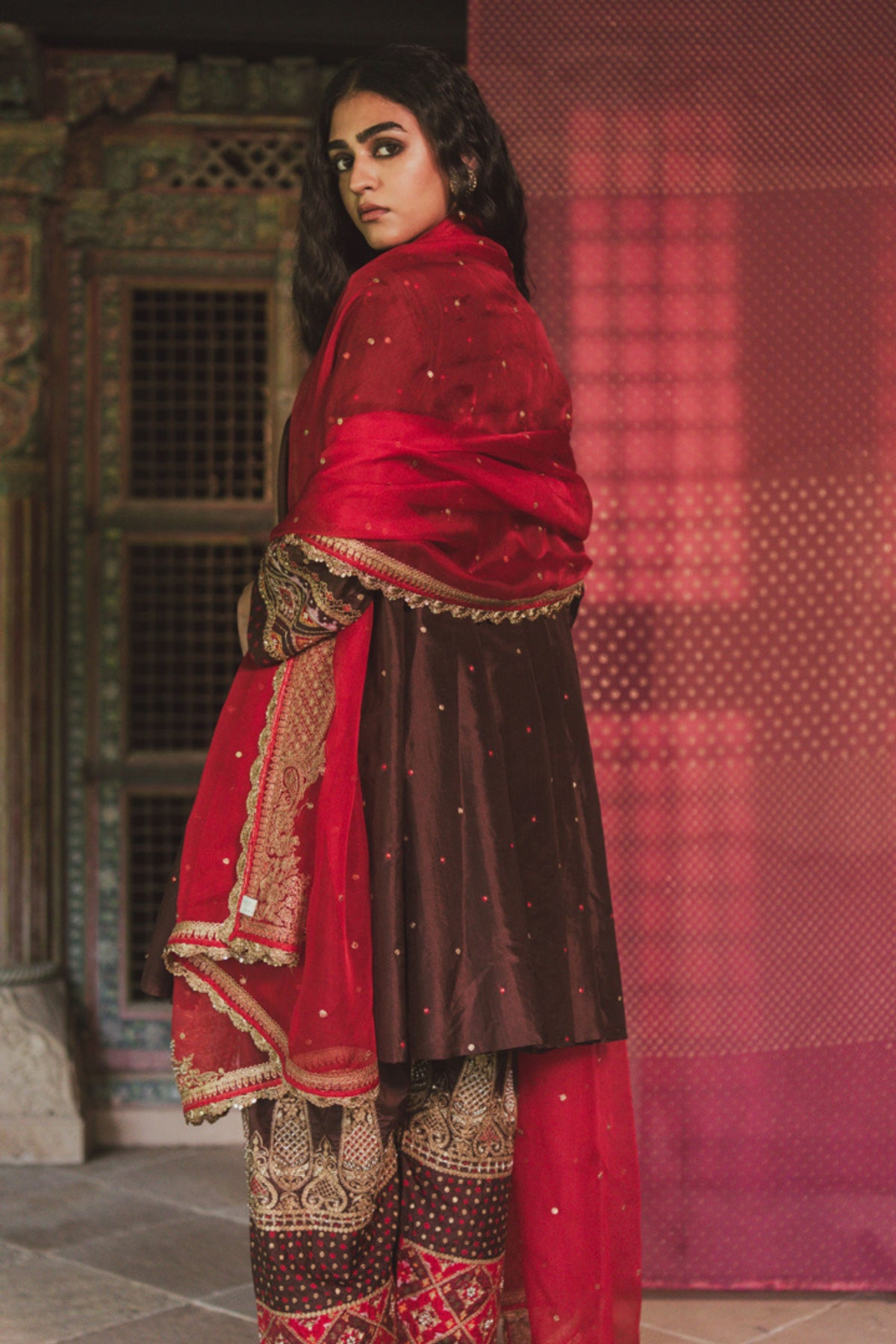 Red Dupatta Half Butta