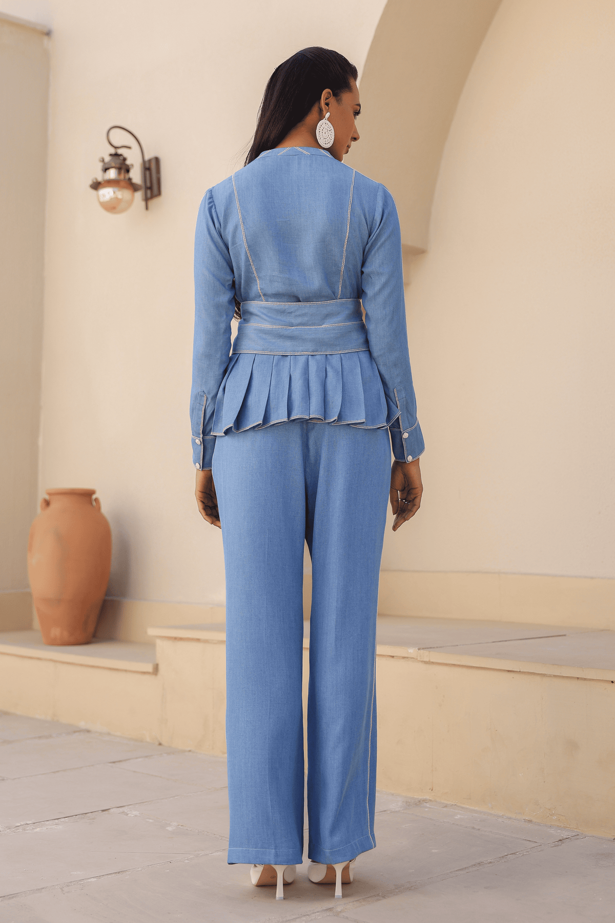 Azure Pleated Peplum Co-ord Set in Light Blue