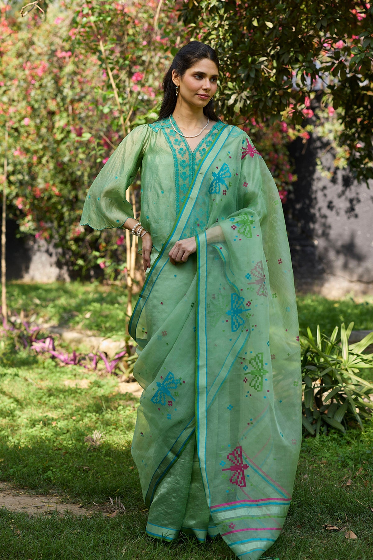 Garden Butterfly Green Jamdani Saree