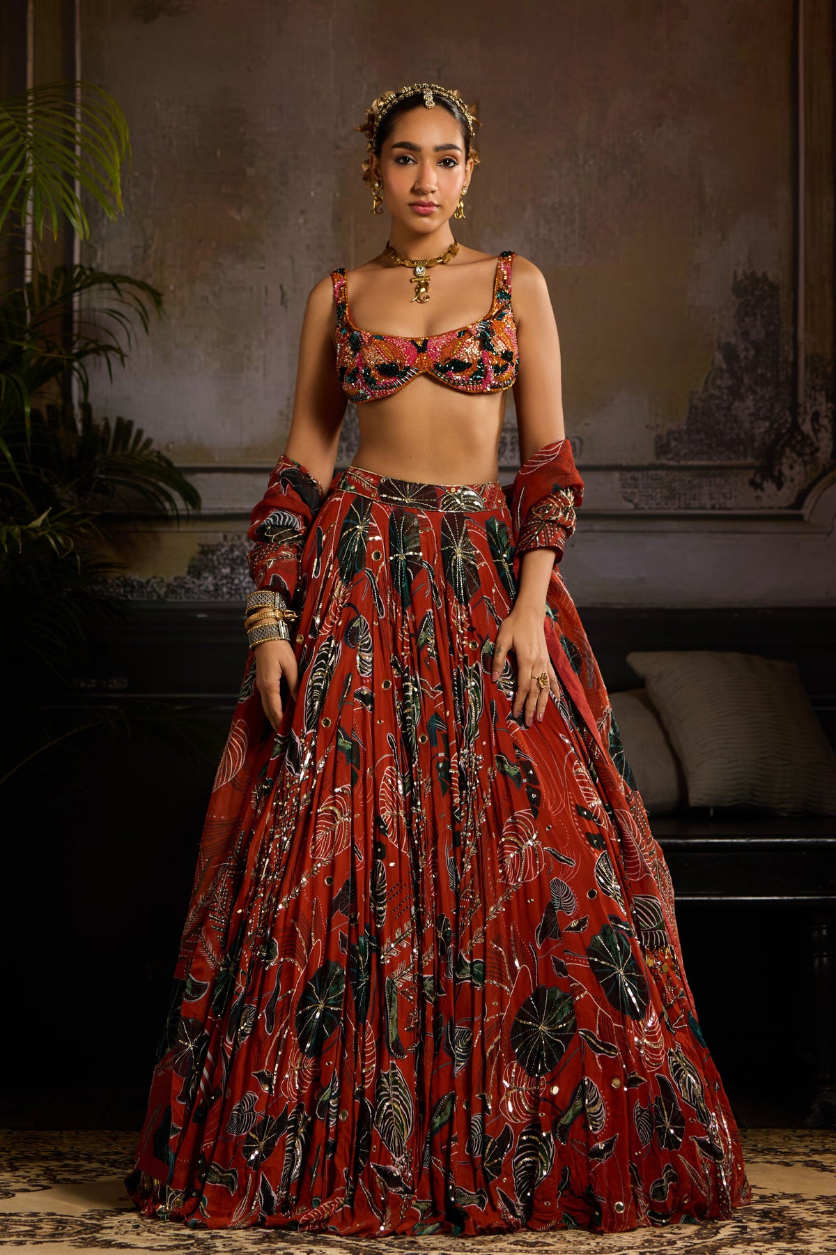 Rust Embellished Lehenga Set