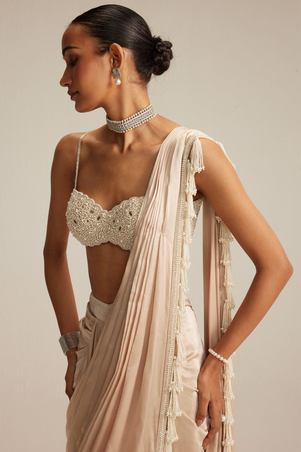 Pearl Satin Draped Saree Set