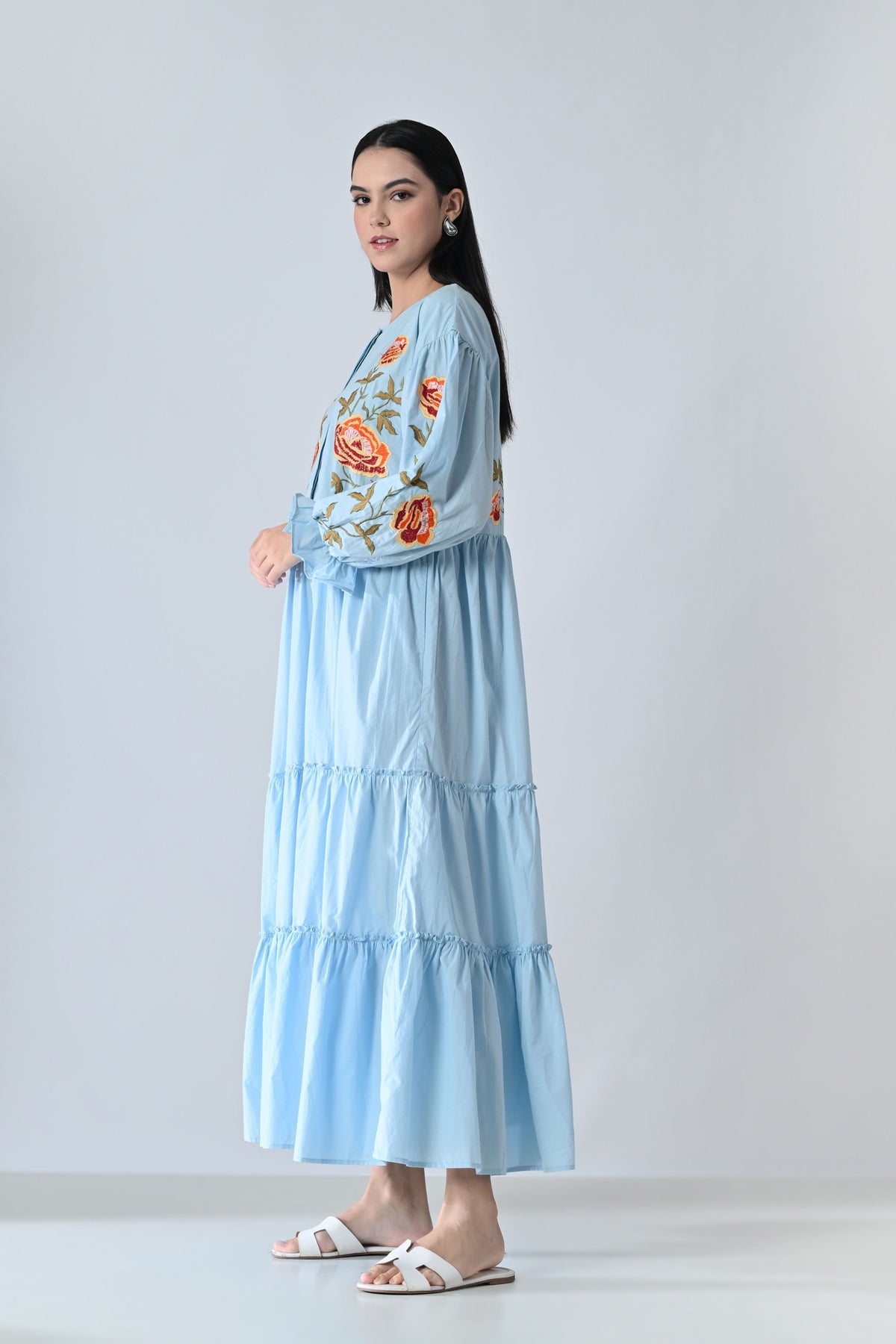 Powder Blue Embroidered Tiered Dress