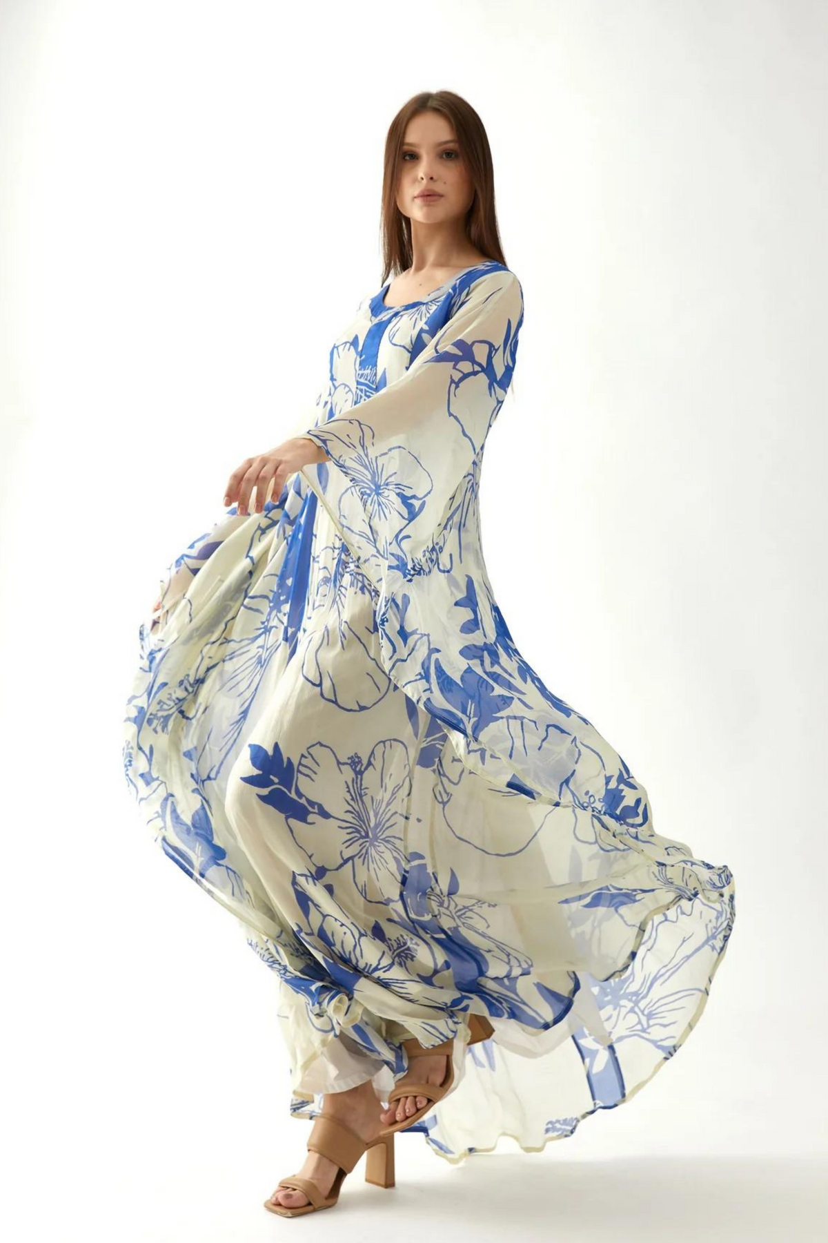 White And Blue Floral Kaftan