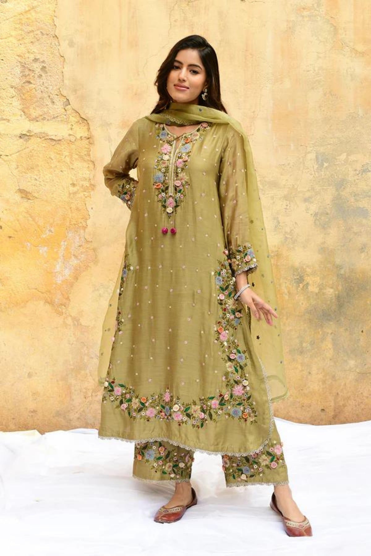 Olive Green Orchid Heavy Kurta Set