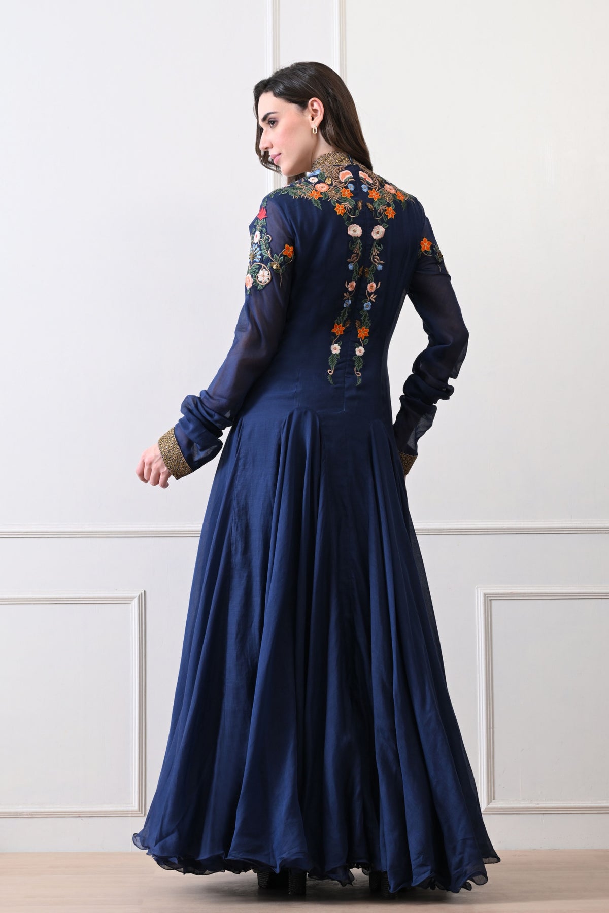 Blue High-neck Embroidered Anarkali