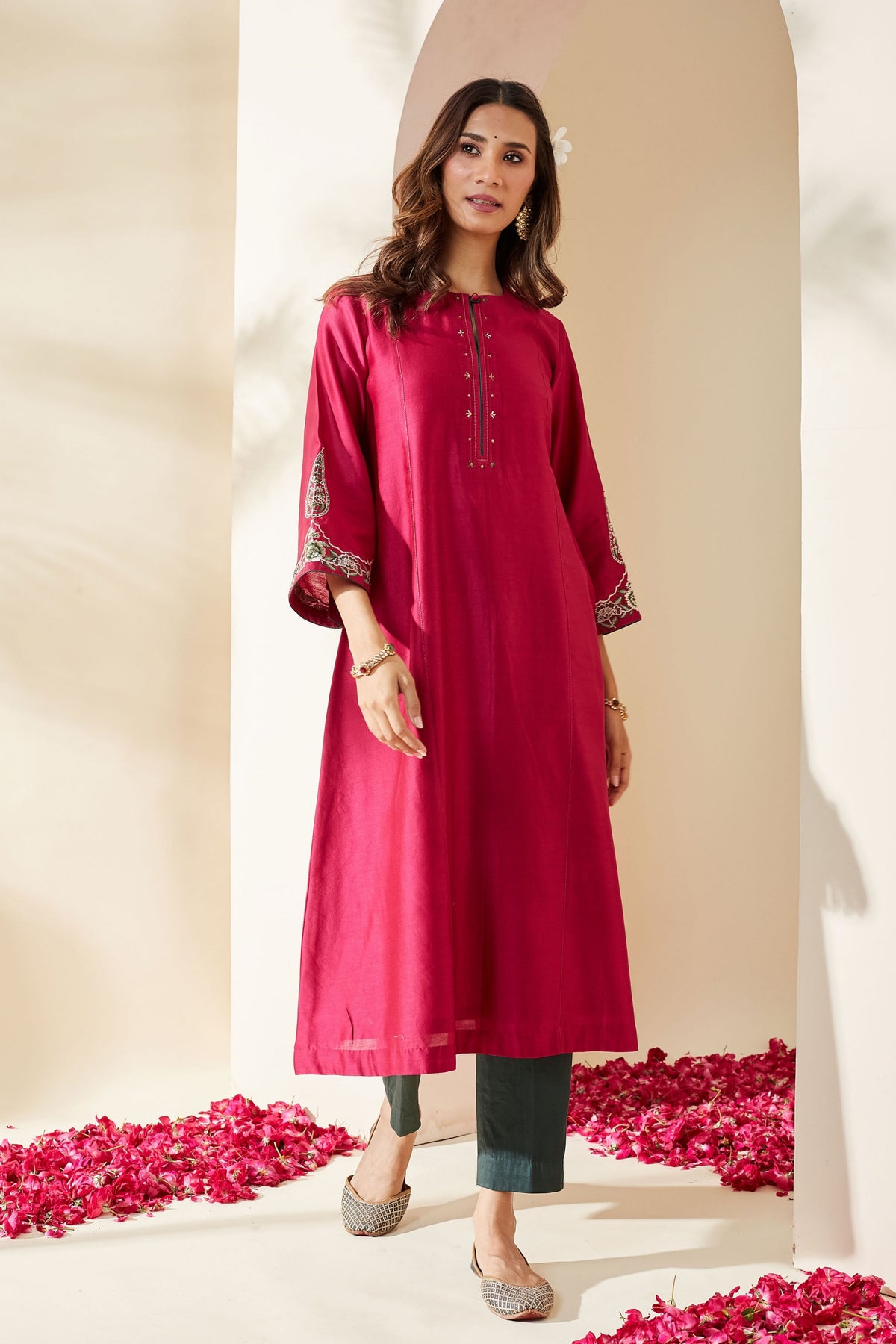 Magenta Floral Chanderi Kurta Set