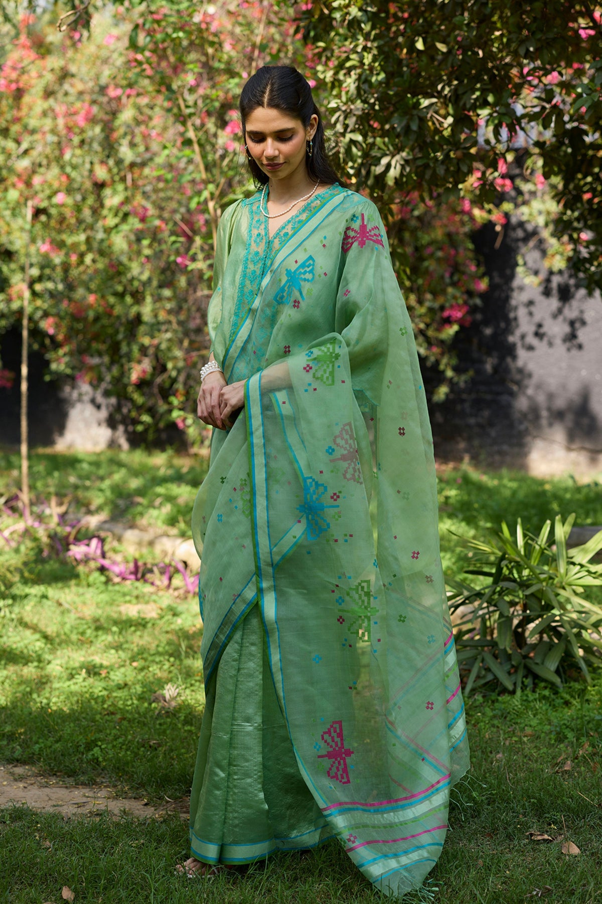 Garden Butterfly Green Jamdani Saree