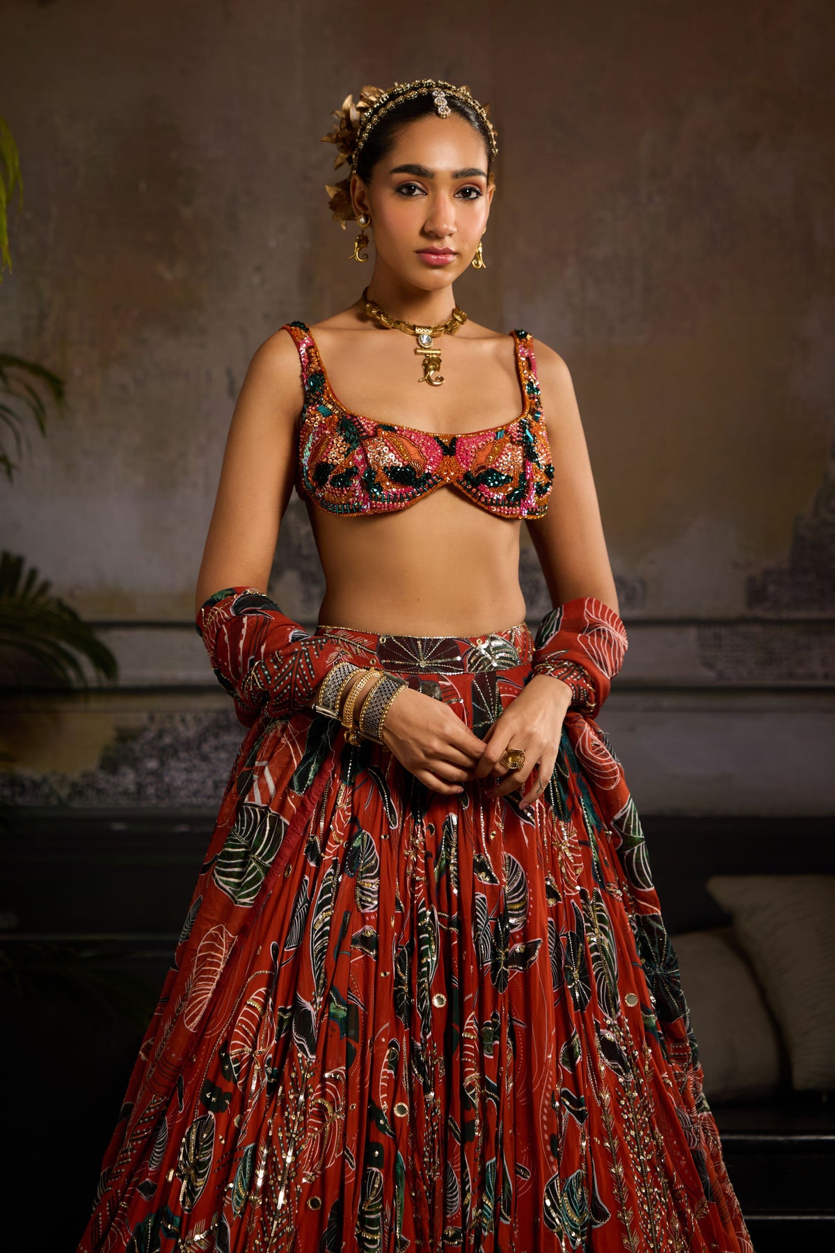 Rust Embellished Lehenga Set