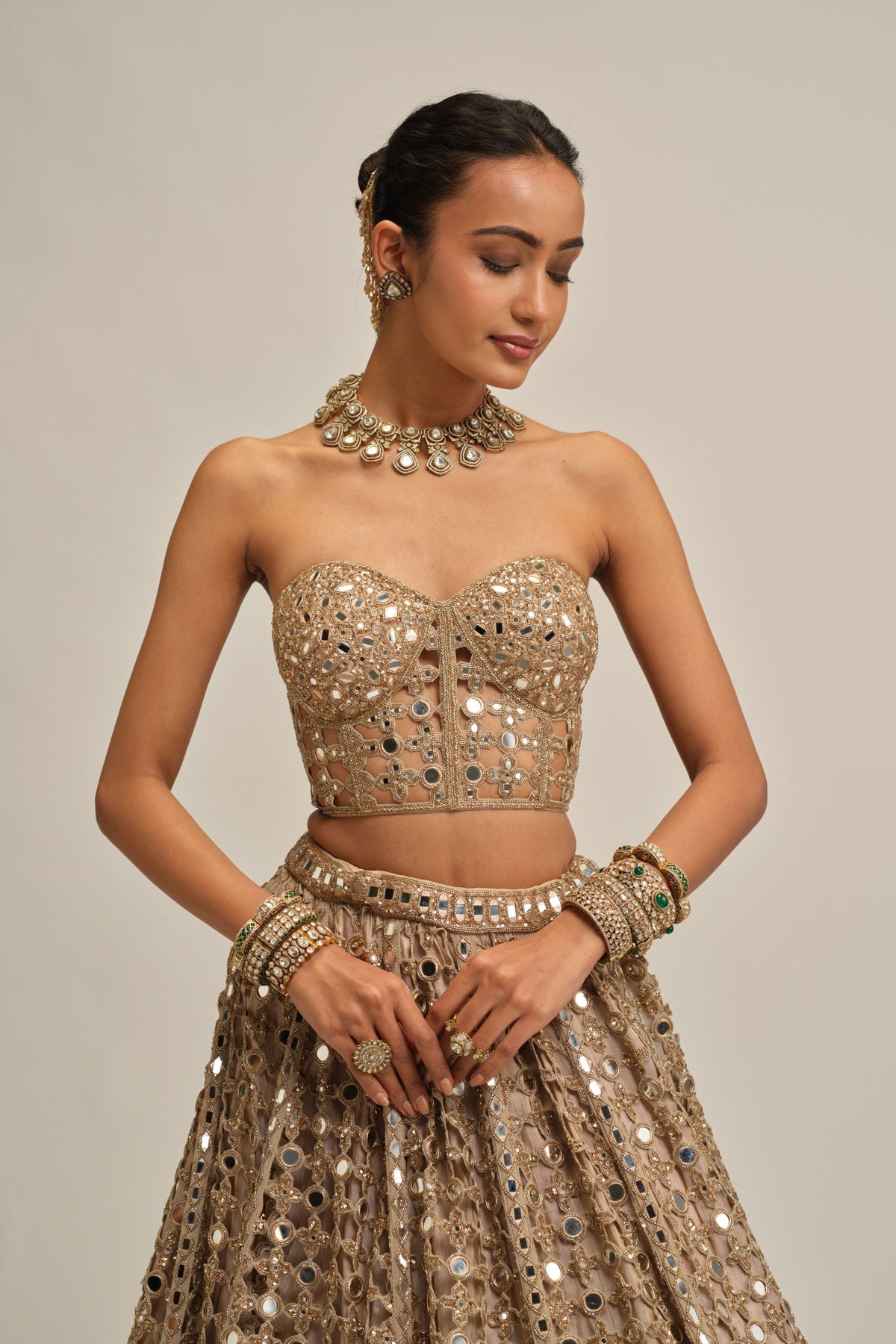 Beige Cutwork Lehenga Set