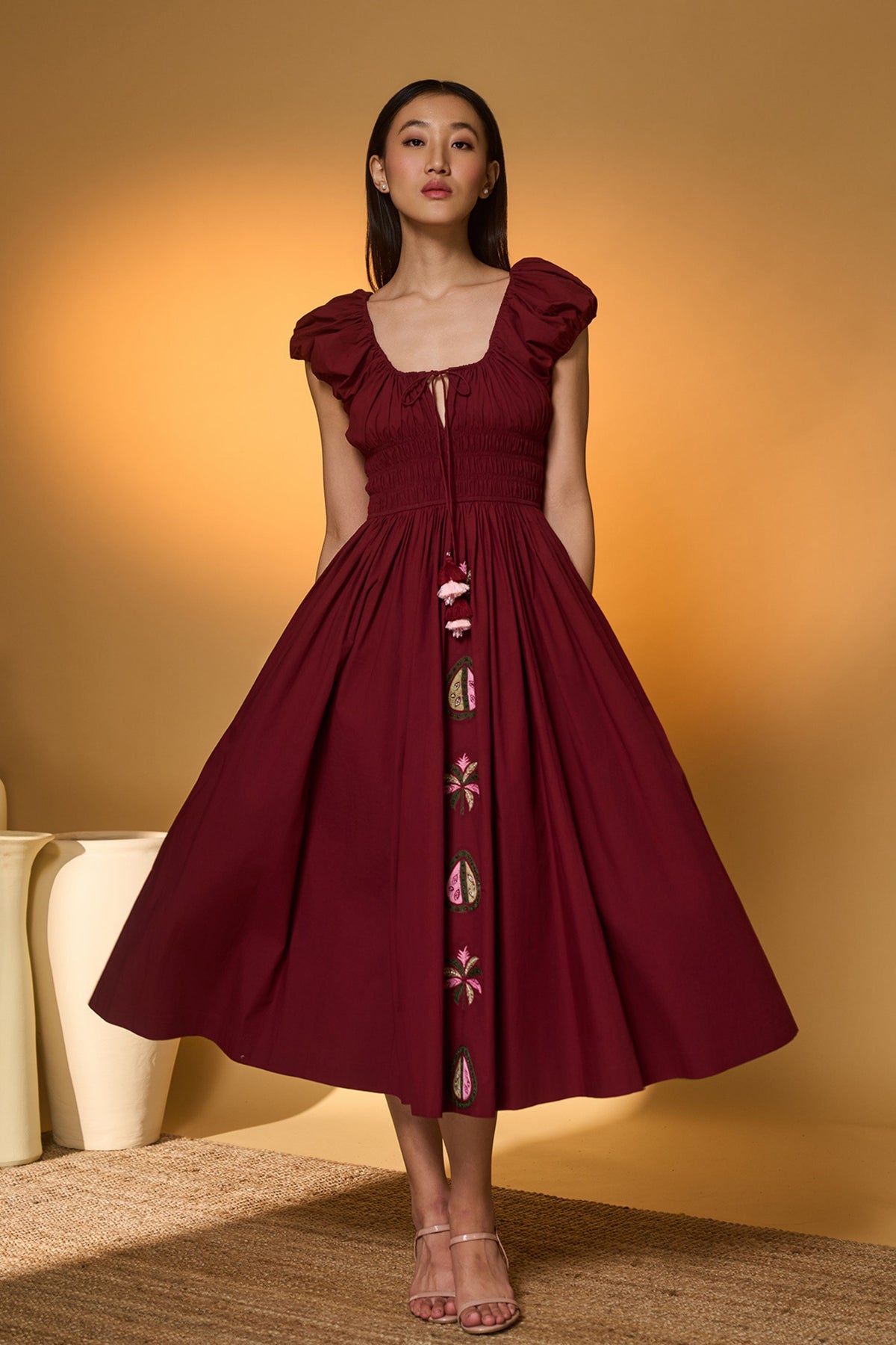 Maroon Smocked Midi Dress