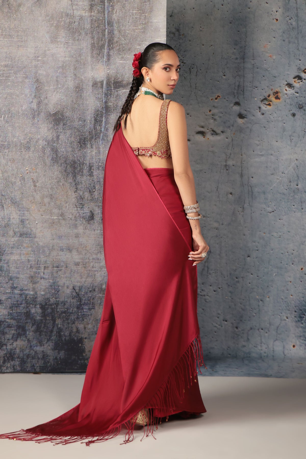 Maroon Fringe Saree Set
