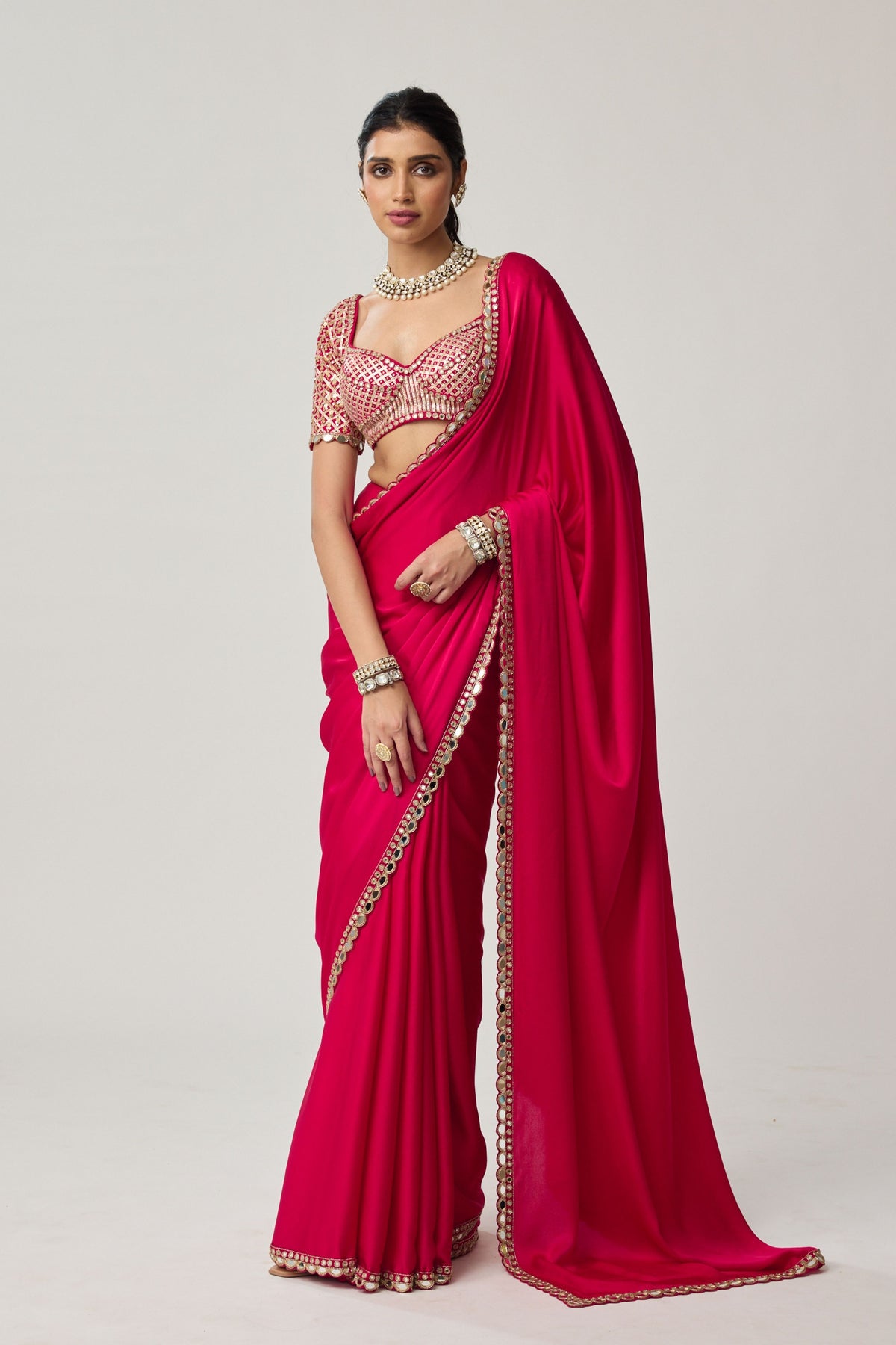 Crimson Red Satin Saree Set