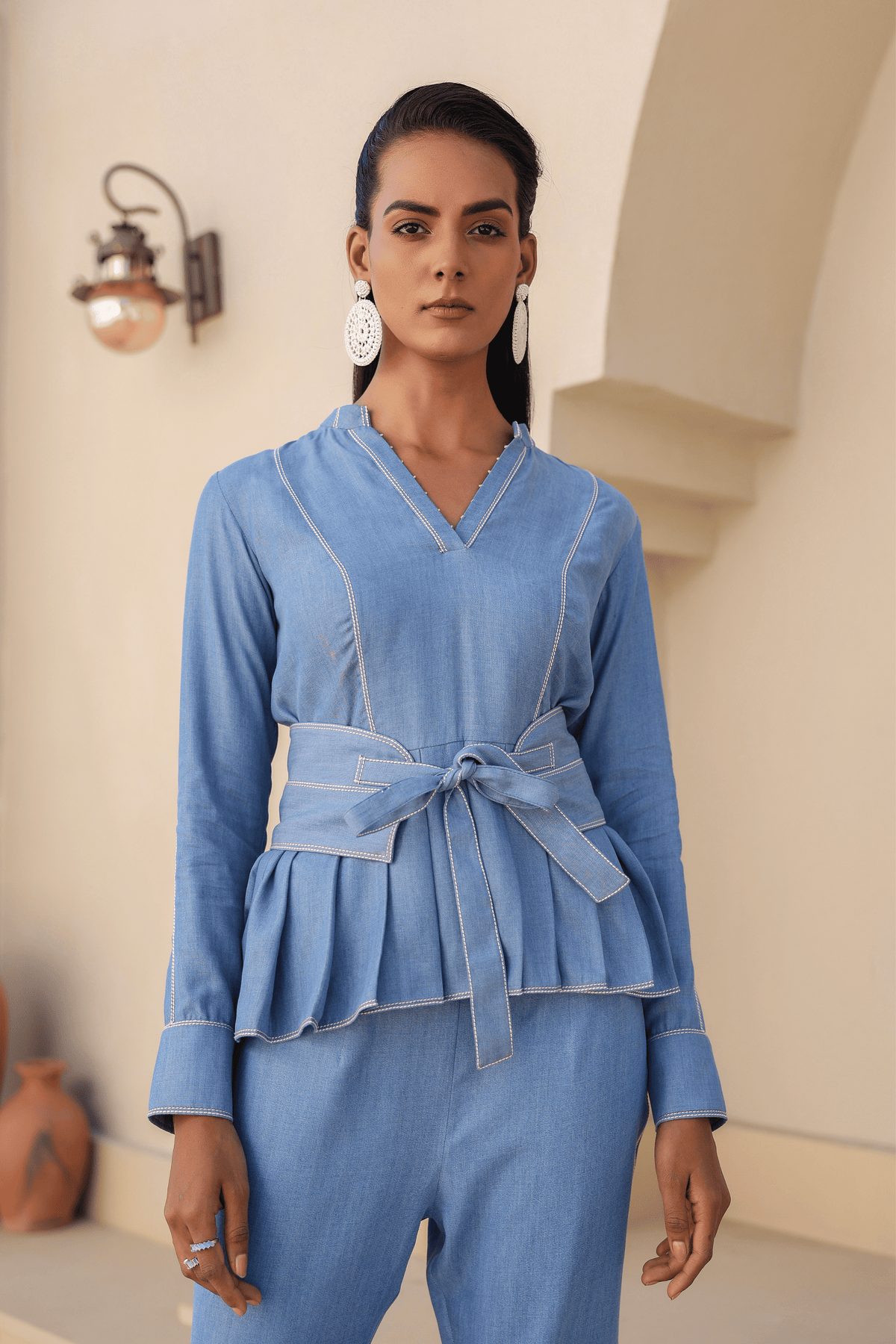 Azure Pleated Peplum Co-ord Set in Light Blue