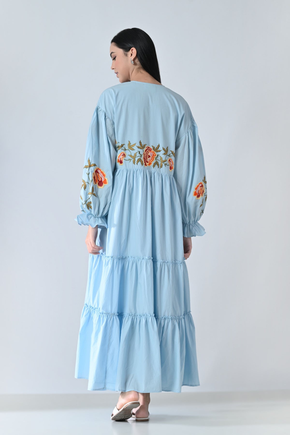 Powder Blue Embroidered Tiered Dress
