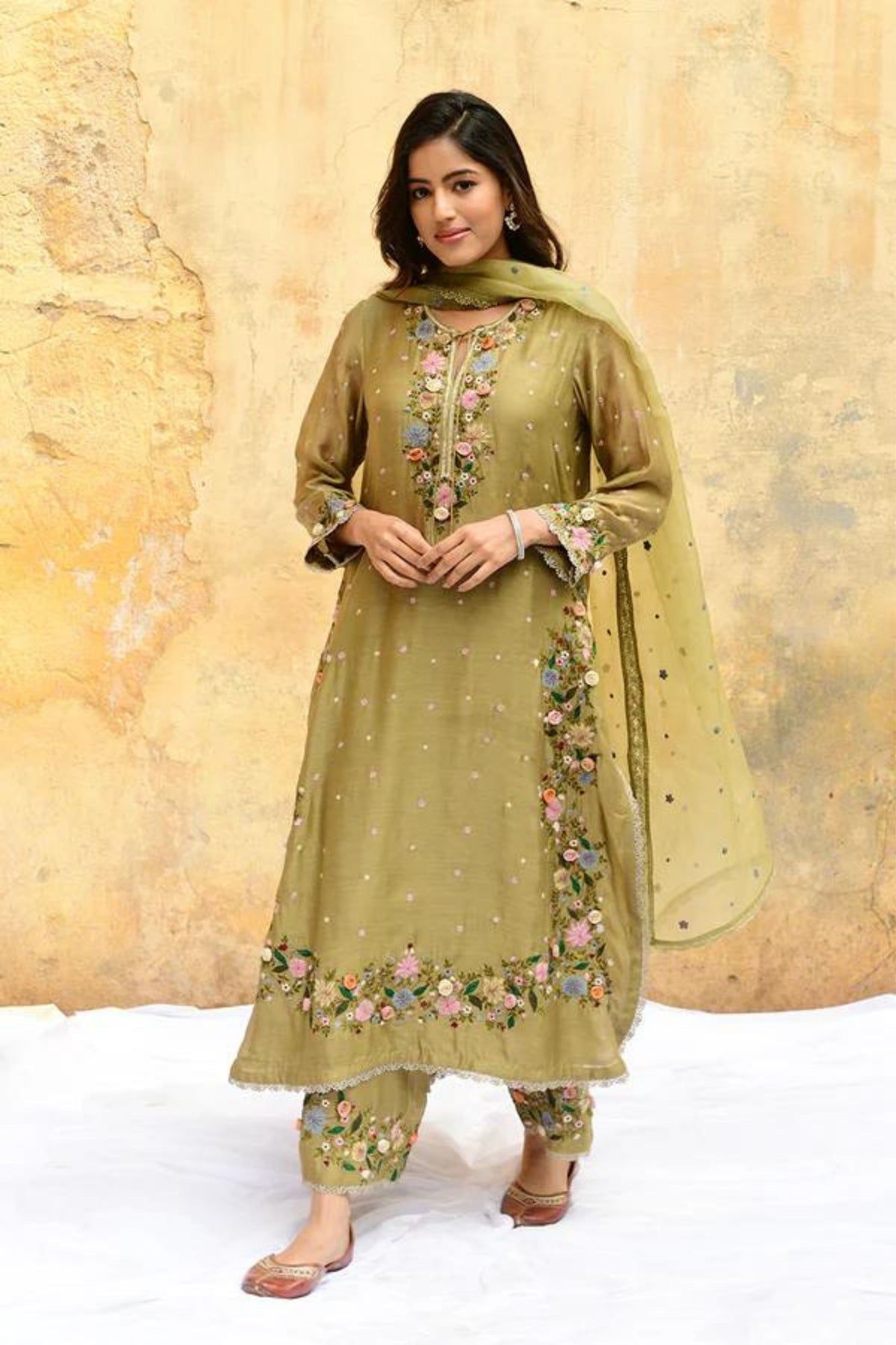 Olive Green Orchid Heavy Kurta Set