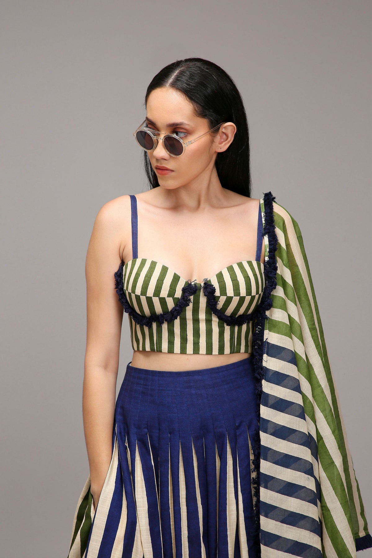 Egg-shell Corset Dual Striped Stole Skirt Set