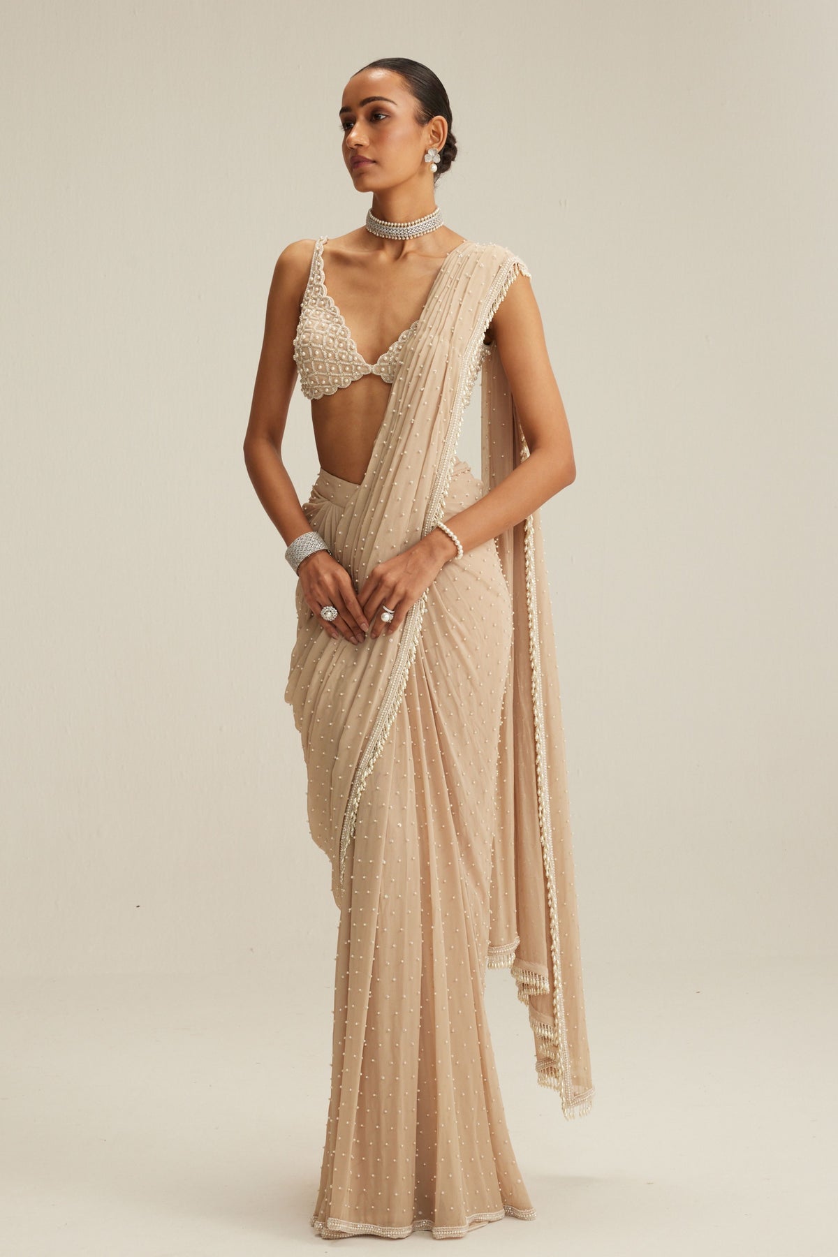Light Beige Draped Saree Set