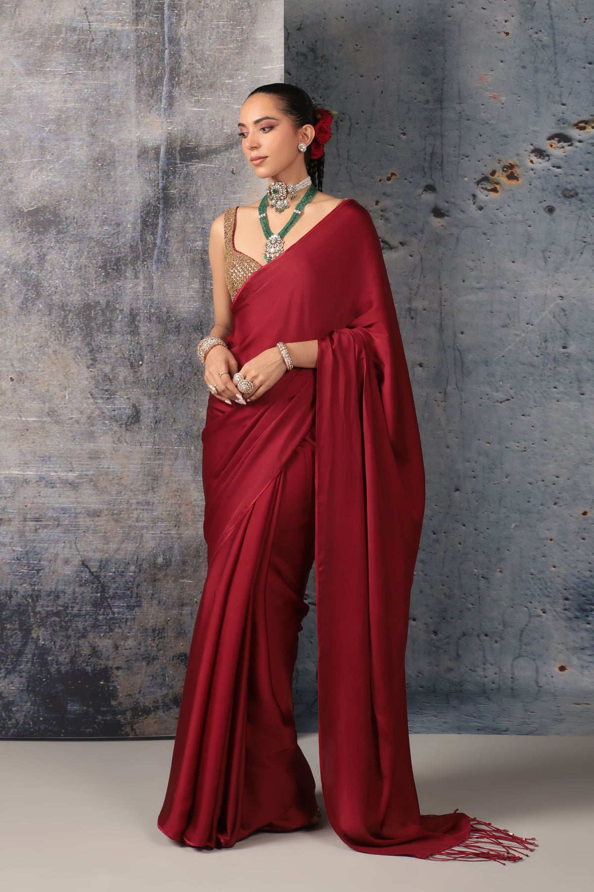 Maroon Fringe Saree Set