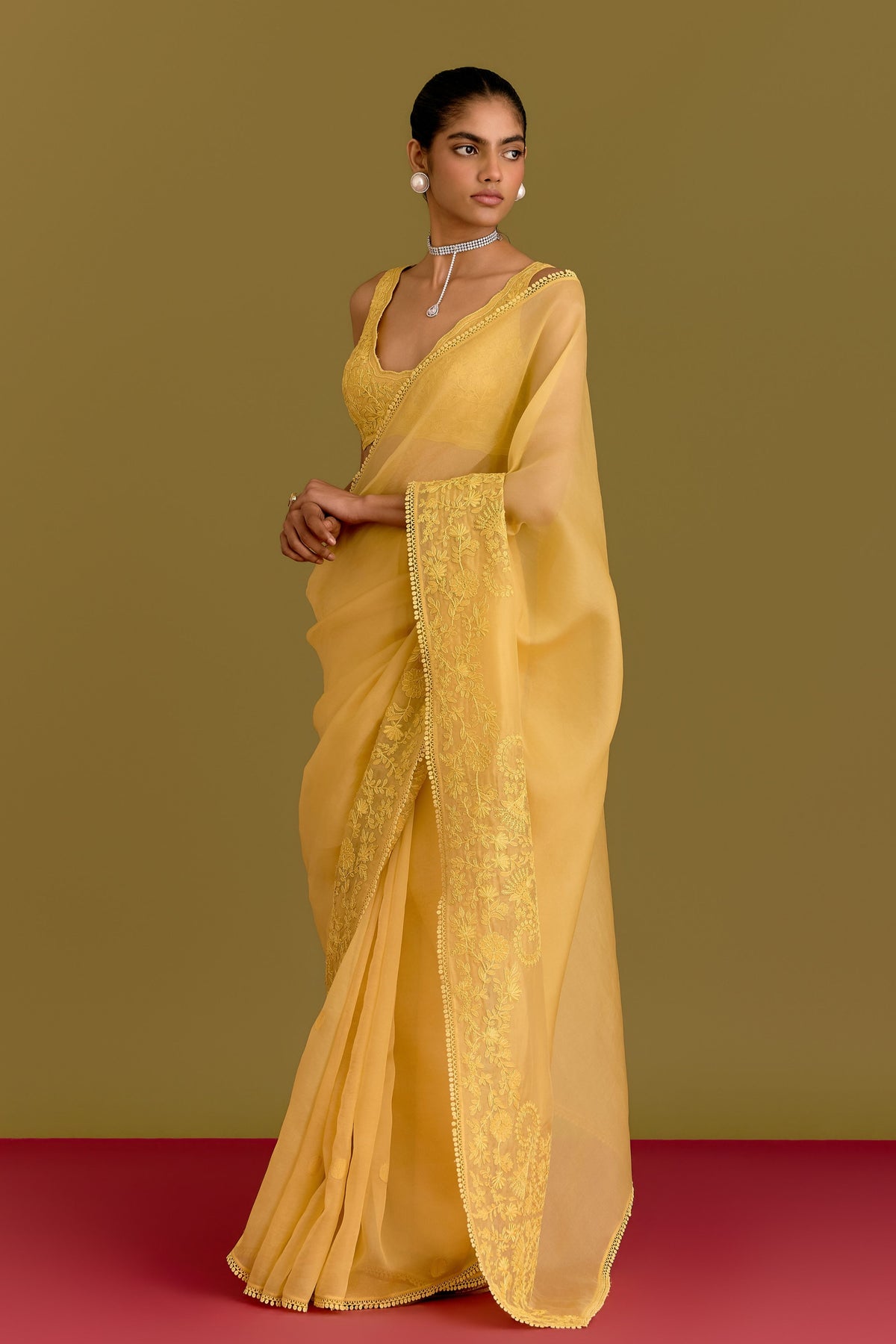 Yellow Embroidered Saree Set