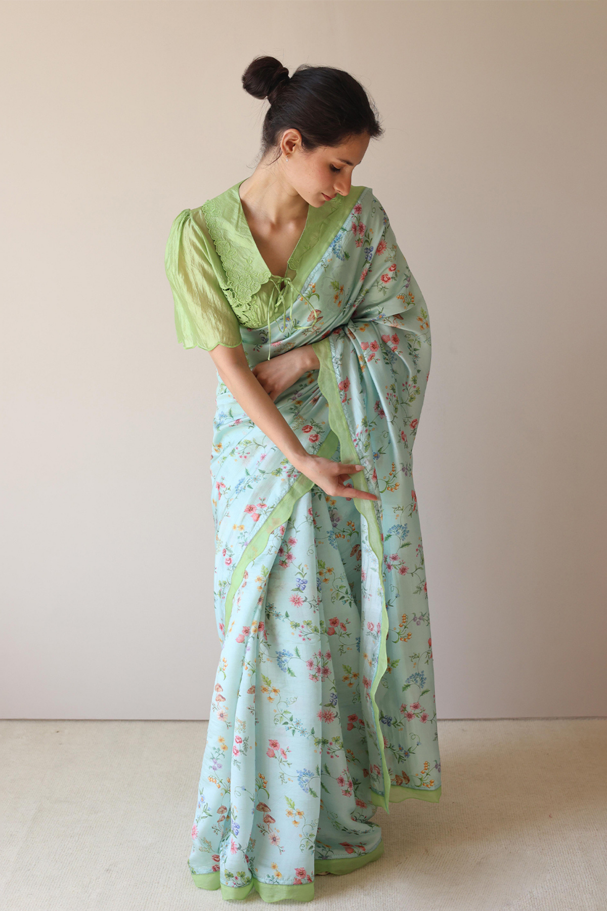 Forest Breeze Blue Scalloped Saree