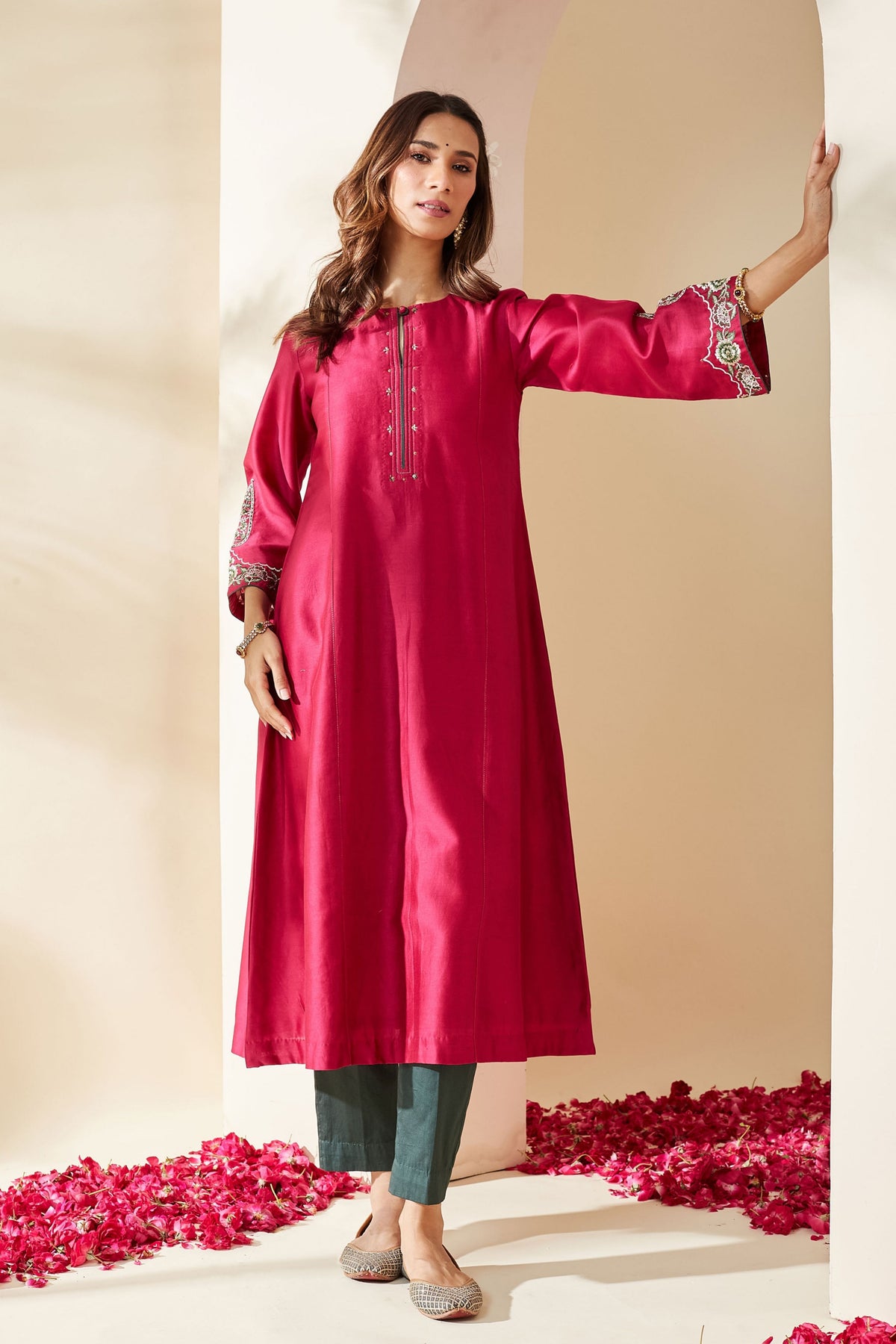 Magenta Floral Chanderi Kurta Set